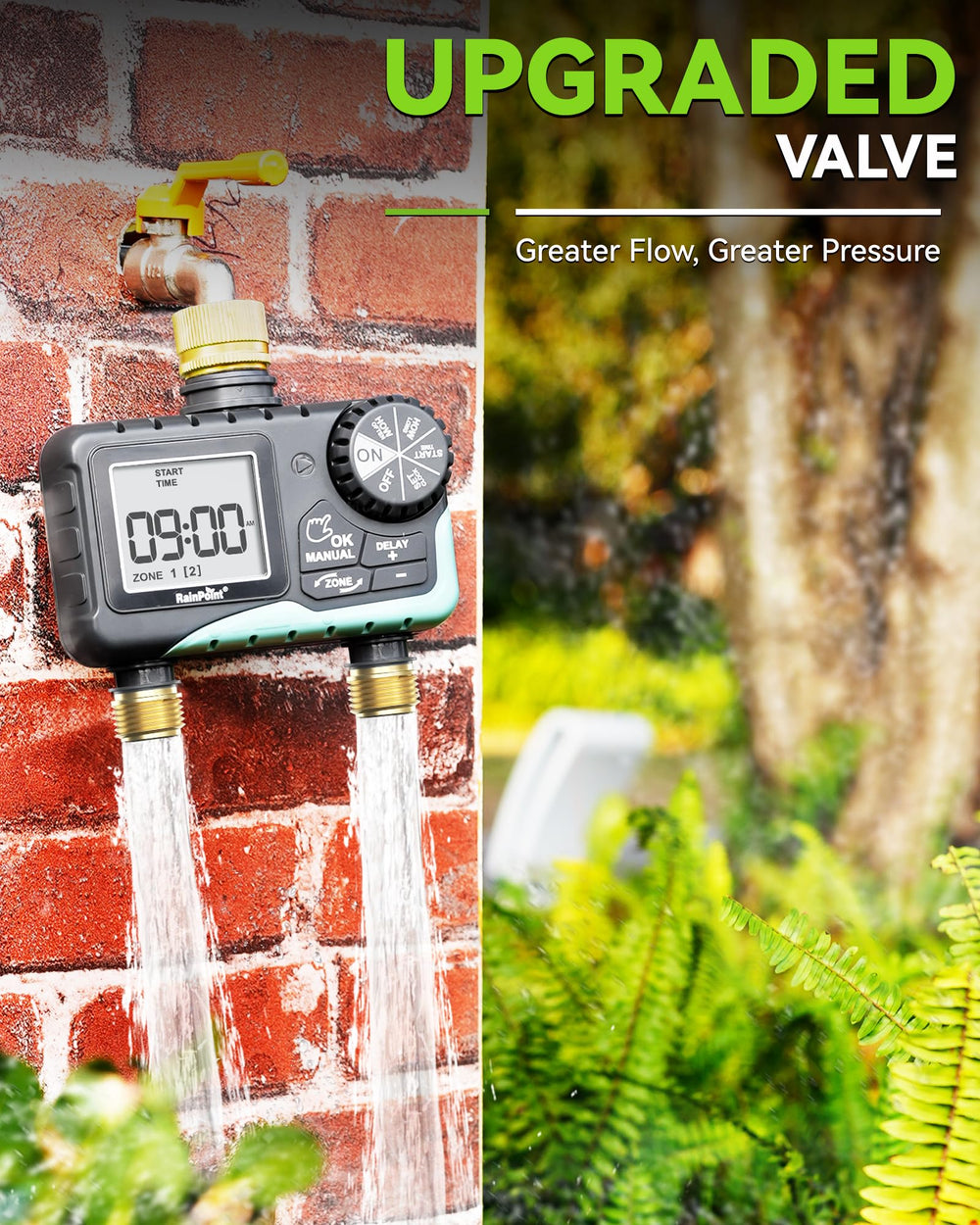 RAINPOINT 2 Zone Sprinkler Timer in use in a garden setting