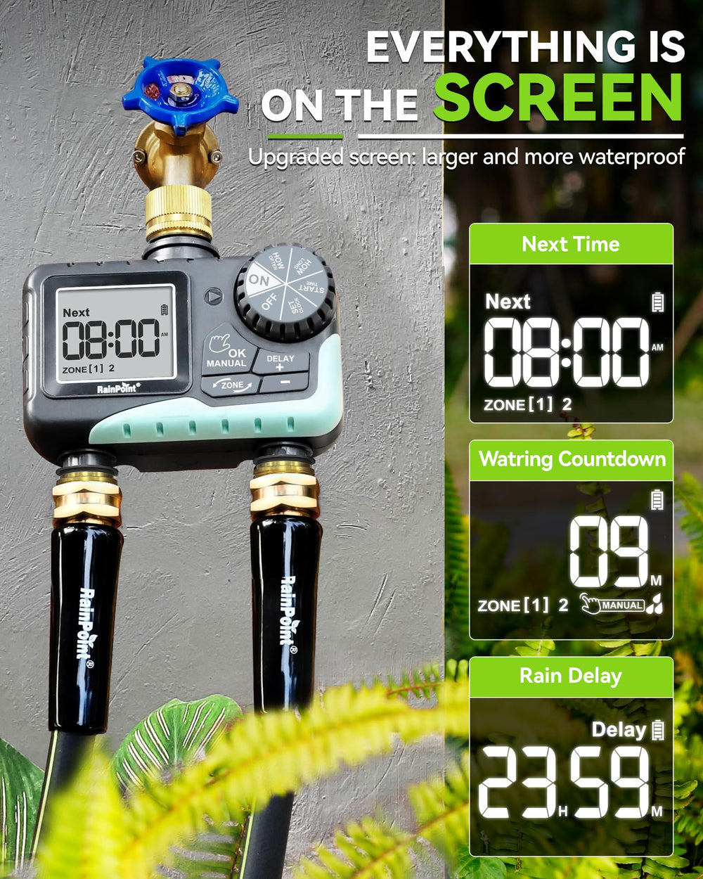 RAINPOINT 2 Zone Sprinkler Timer's dimensions and specifications