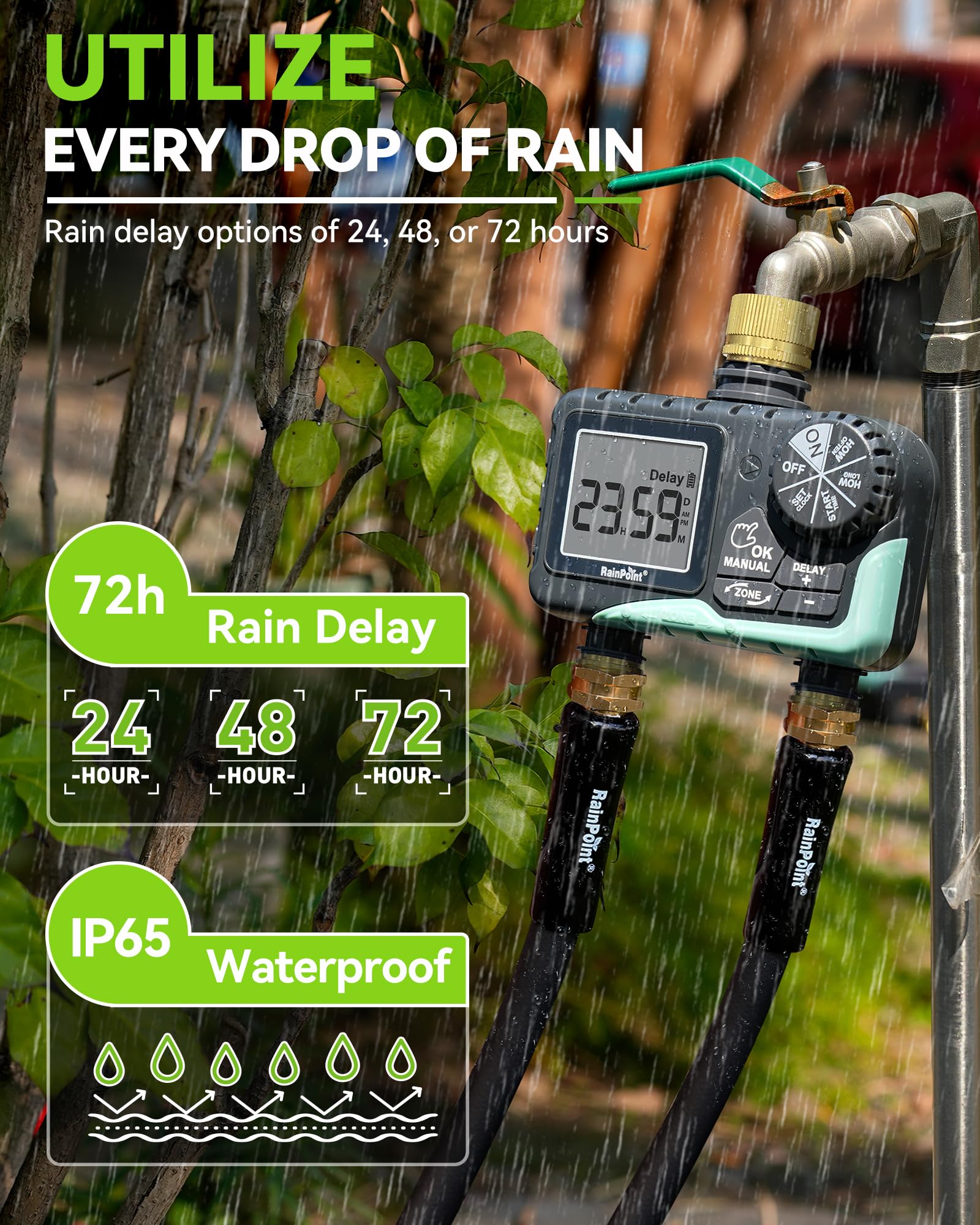 RAINPOINT 2 Zone Sprinkler Timer showcasing the manual watering feature