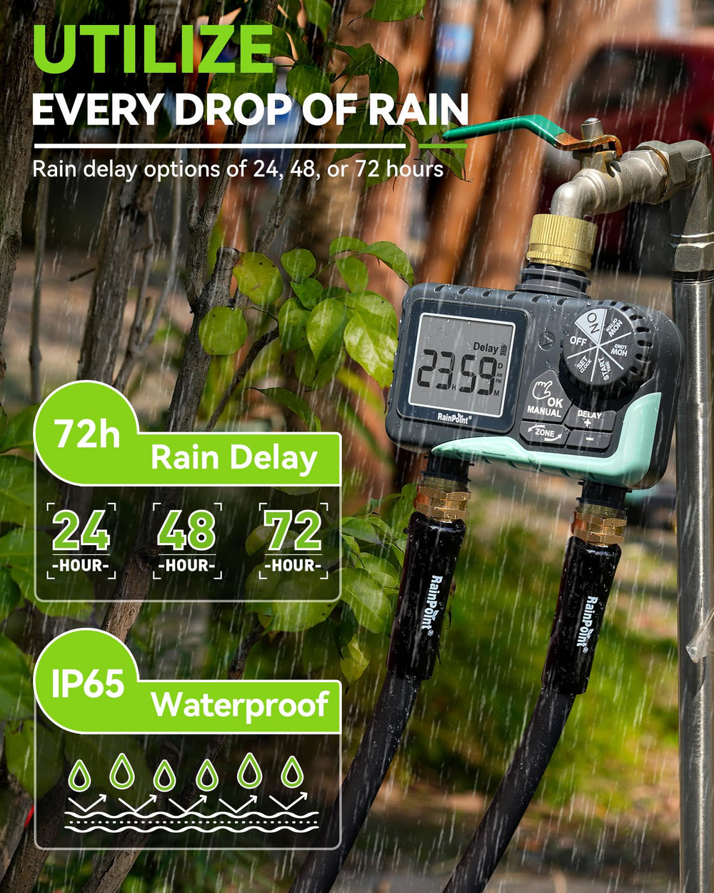 RAINPOINT 2 Zone Sprinkler Timer showcasing the manual watering feature
