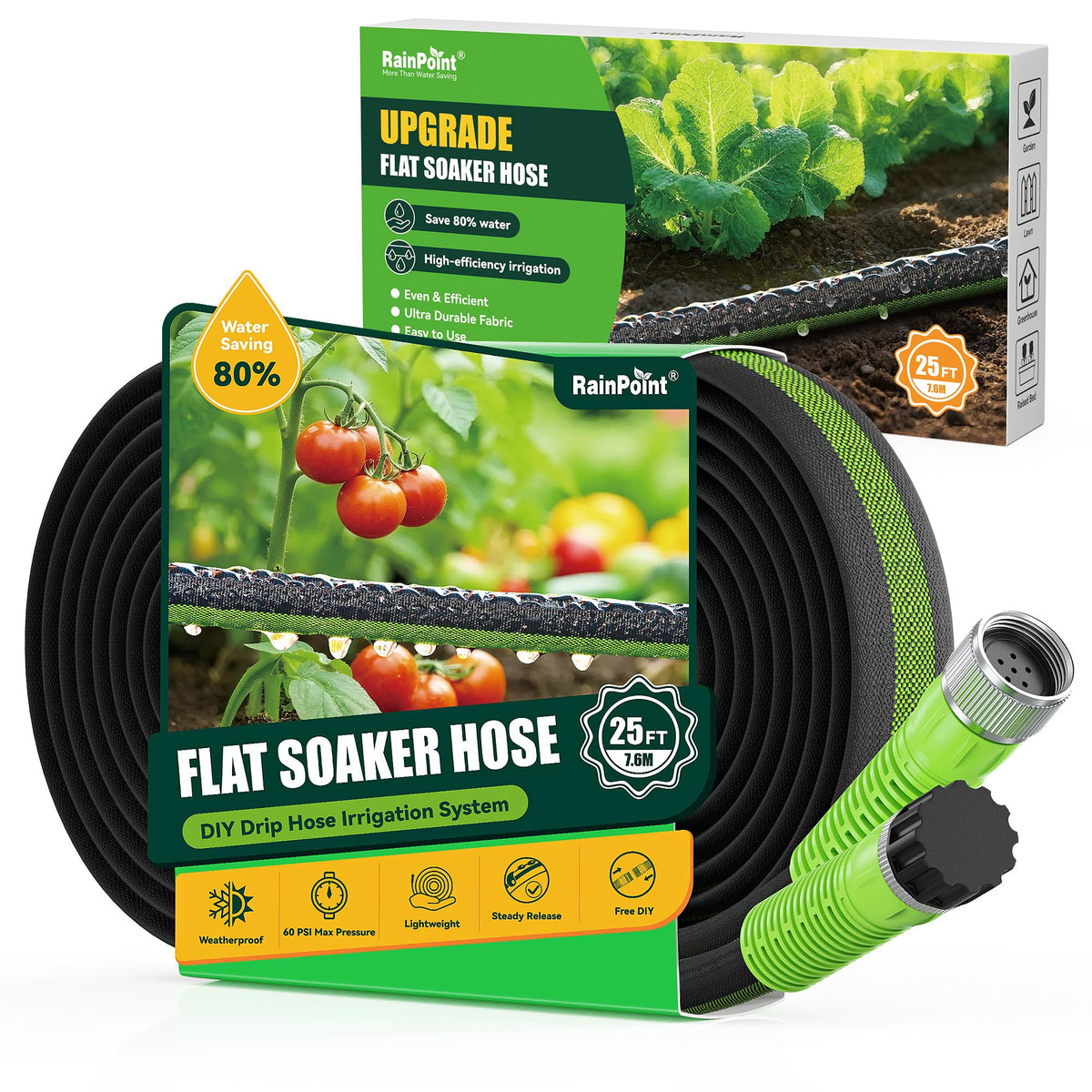RAINPOINT 25FT Flat Soaker Hose front view with connectors
