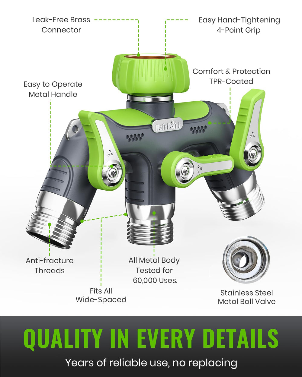 RAINPOINT 3 Way Hose Splitter showing metal construction