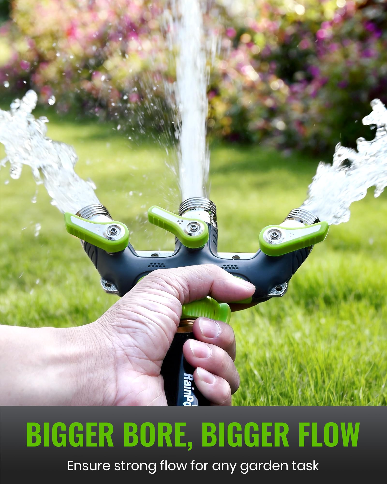 RAINPOINT 3 Way Hose Splitter side view with attached hoses