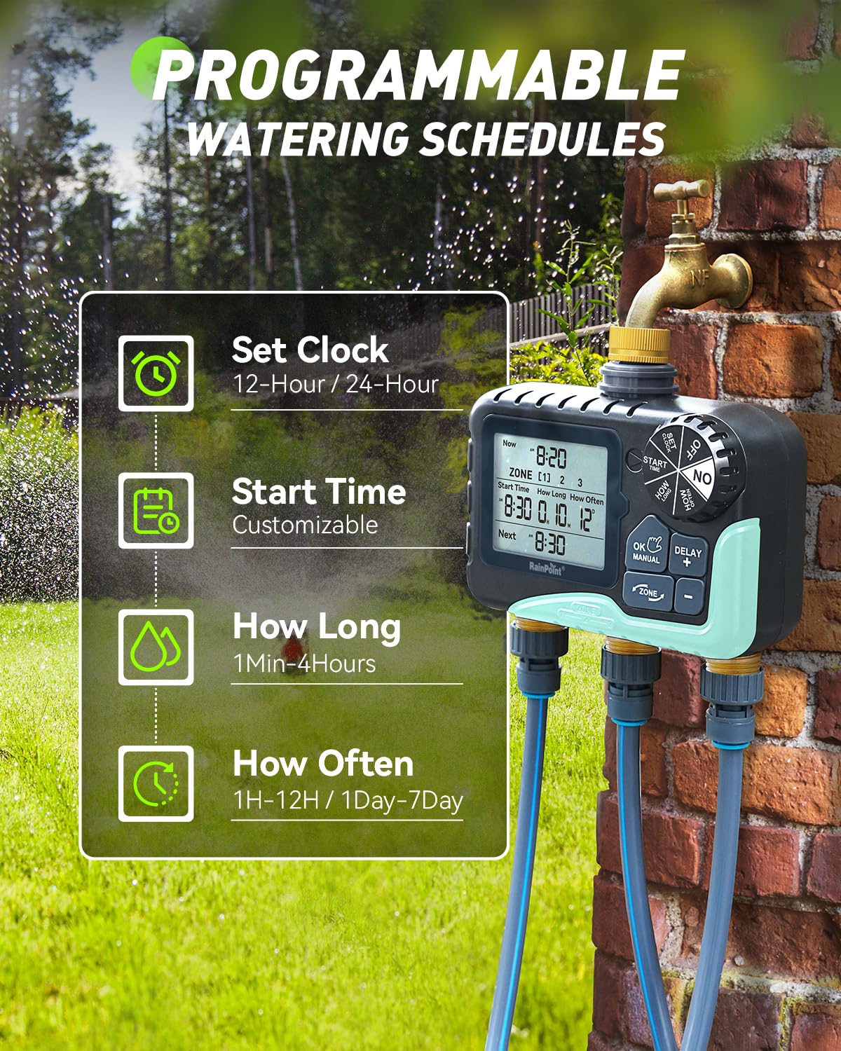 RAINPOINT 3 Zone Water Timer mounted on a faucet