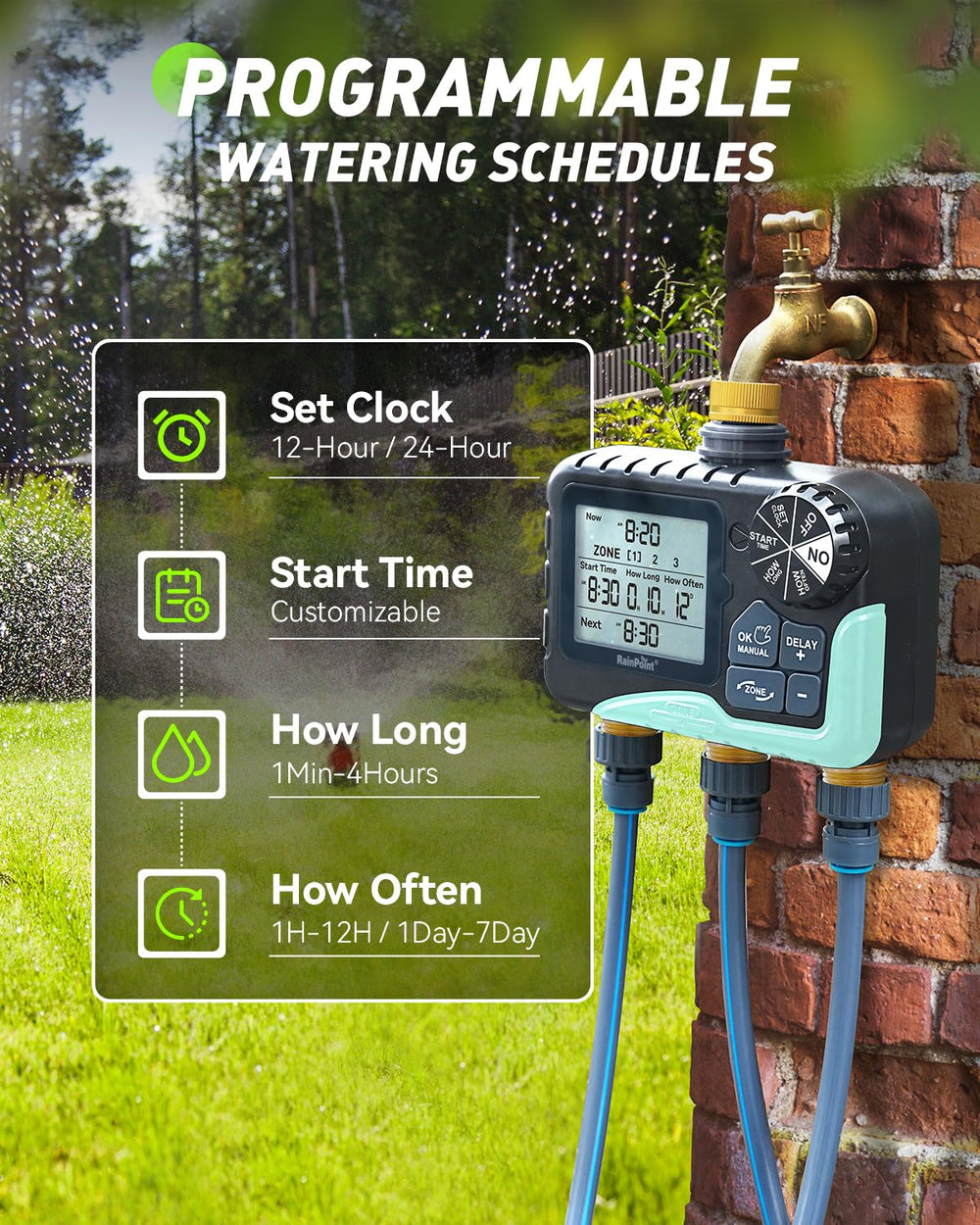 RAINPOINT 3 Zone Water Timer mounted on a faucet