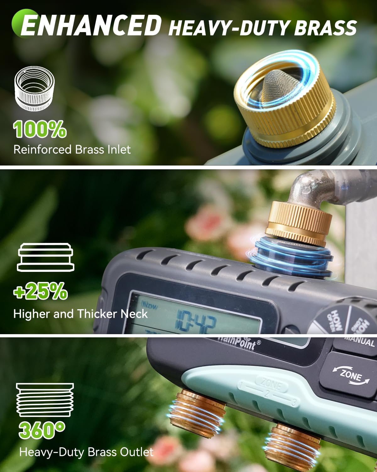 RAINPOINT 3 Zone Water Timer showing brass inlet and outlet