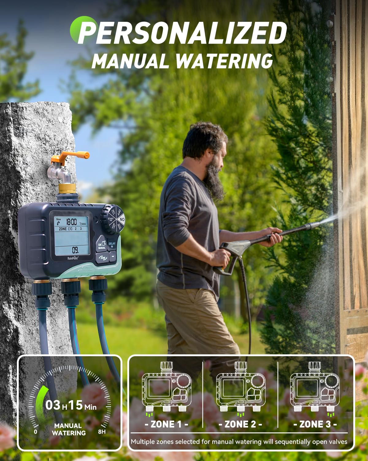 RAINPOINT 3 Zone Water Timer with a garden hose attached