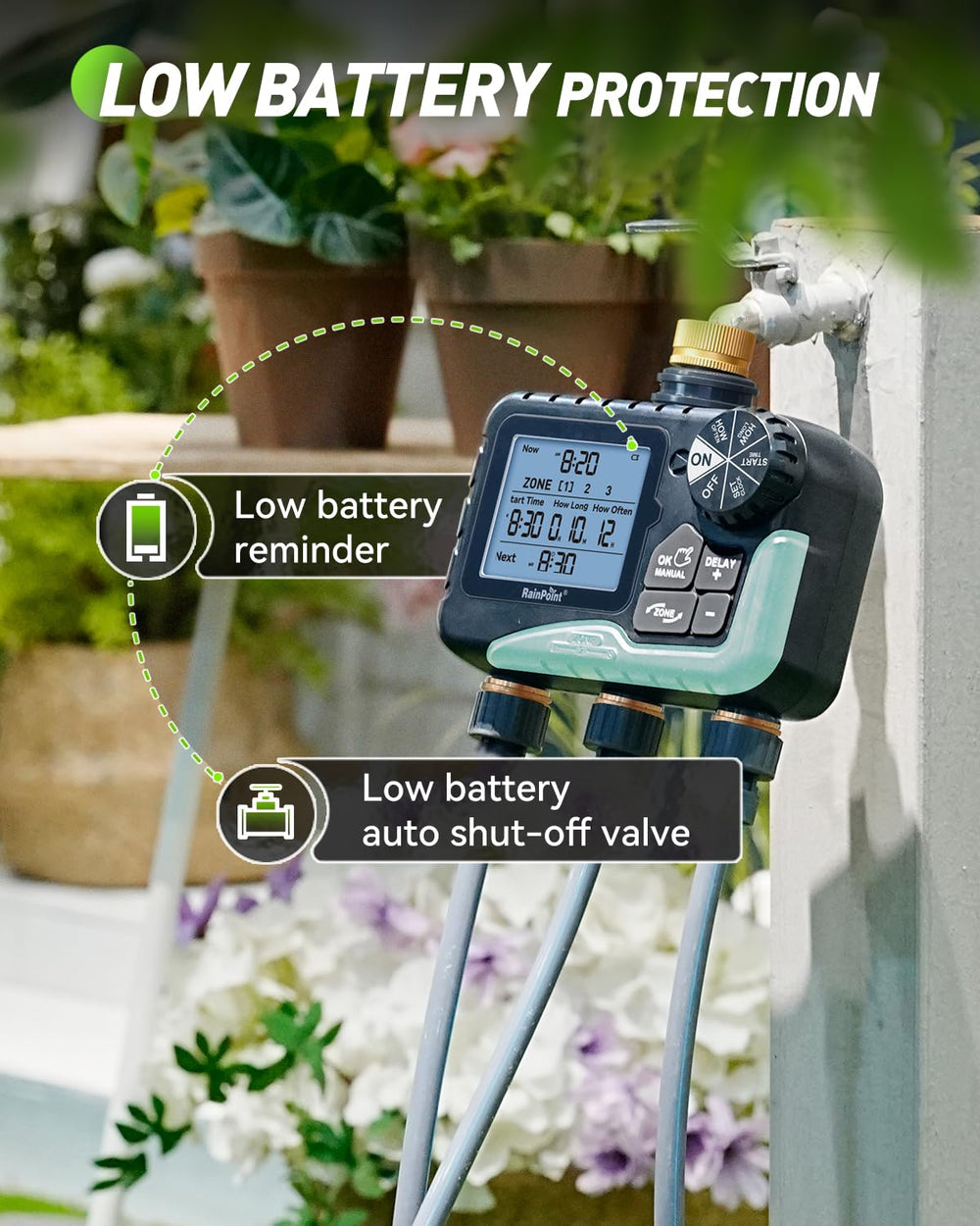 RAINPOINT 3 Zone Water Timer with low battery indicator on display