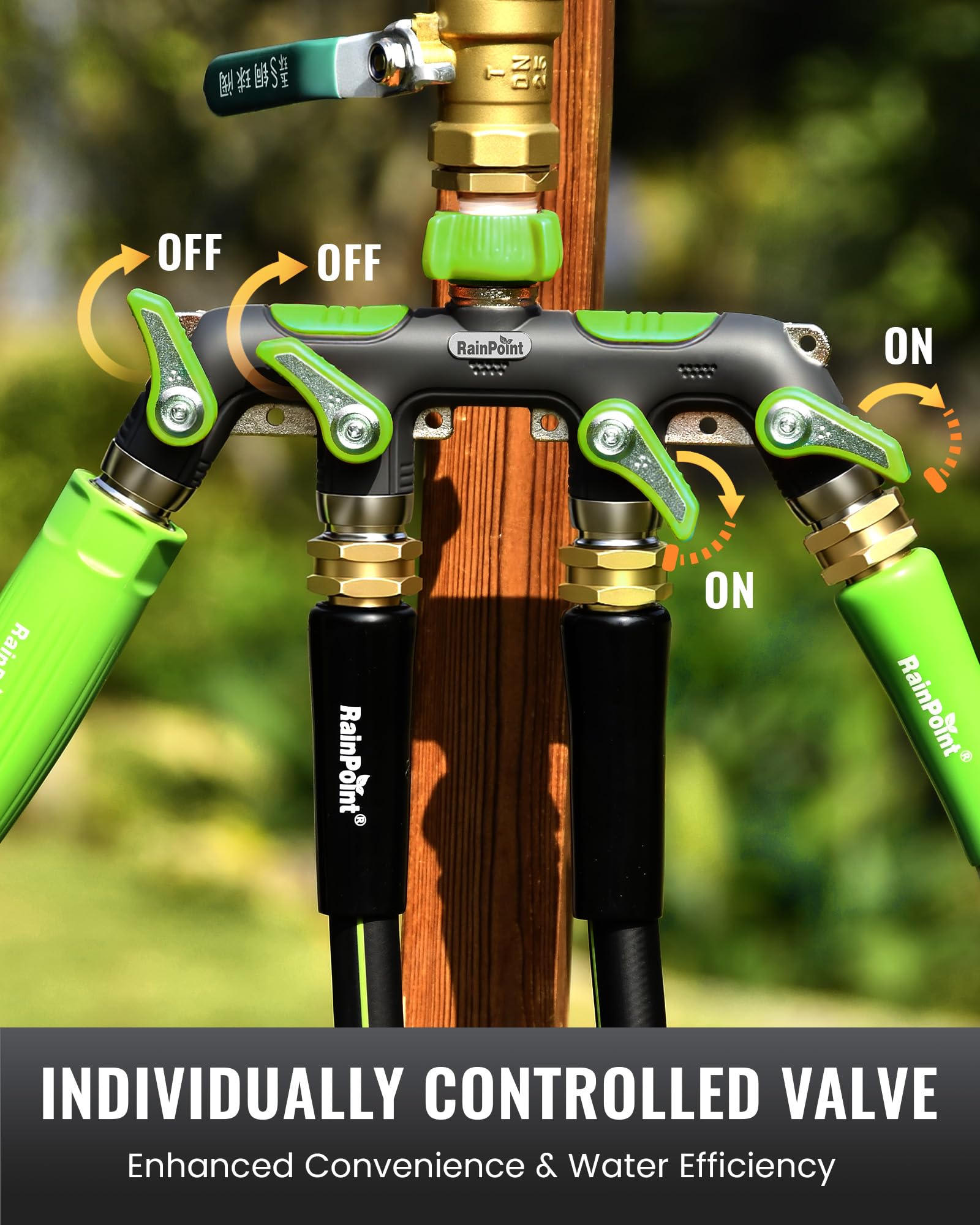 RAINPOINT 4 Way Garden Hose Splitter package contents on display