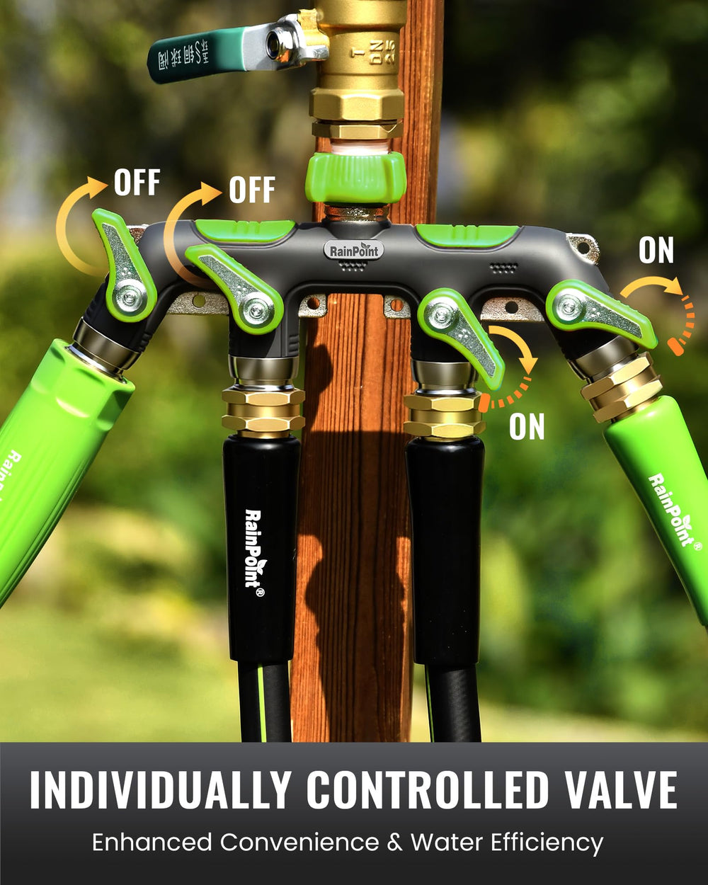 RAINPOINT 4 Way Garden Hose Splitter package contents on display