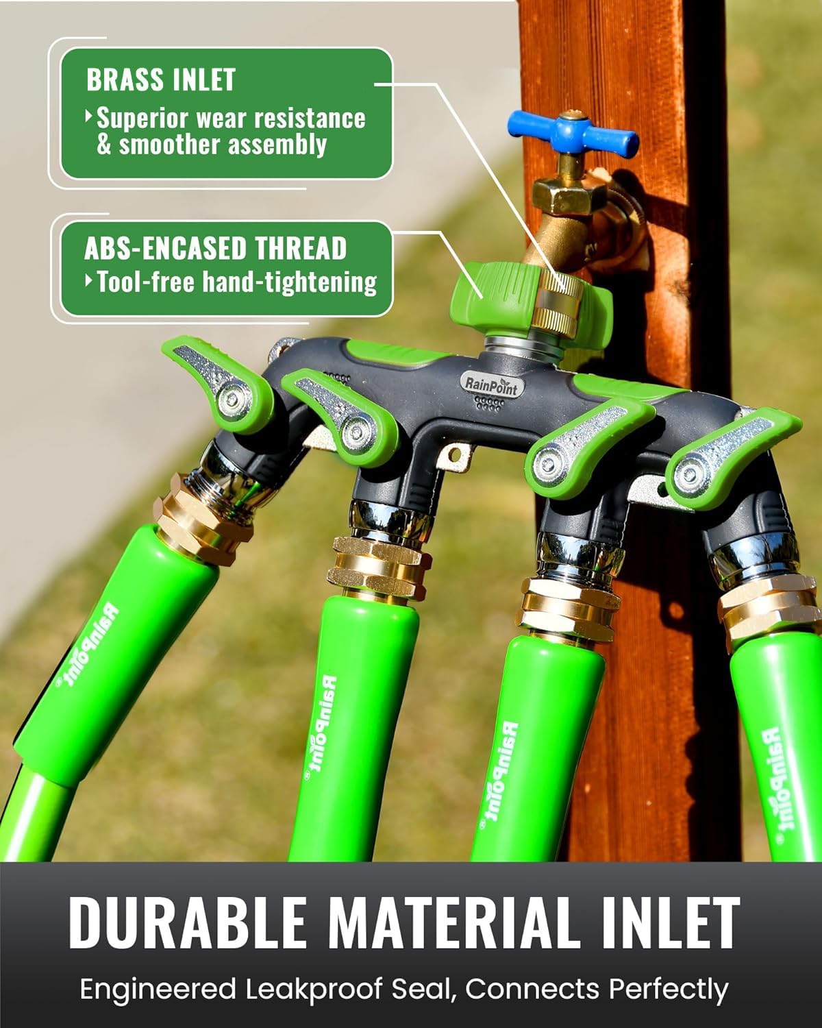 RAINPOINT 4 Way Garden Hose Splitter showing installation with Teflon tape