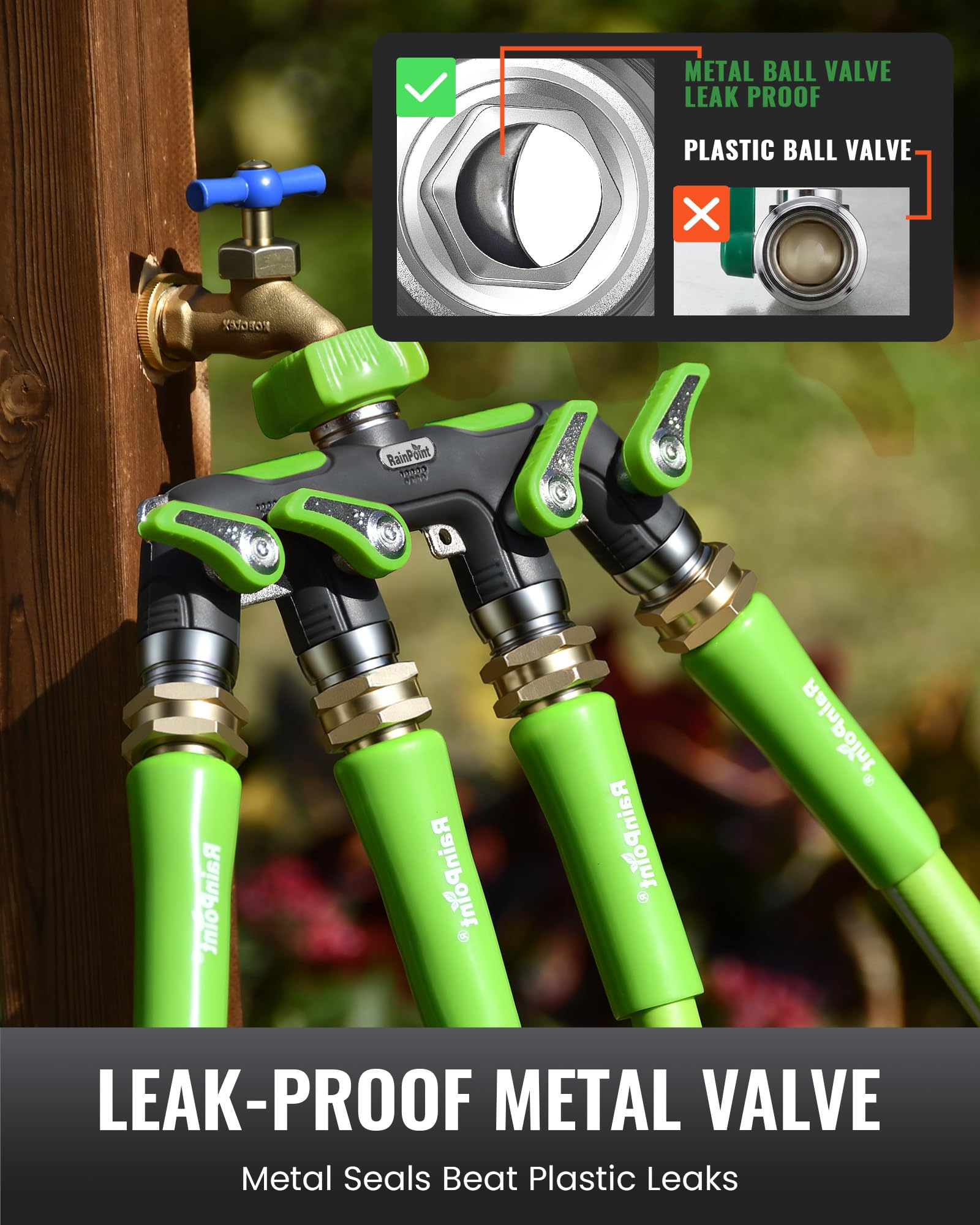RAINPOINT 4 Way Garden Hose Splitter with long handle for easy operation