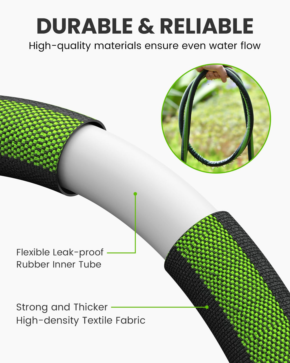 RAINPOINT 50FT Flat Soaker Hose with water running through it