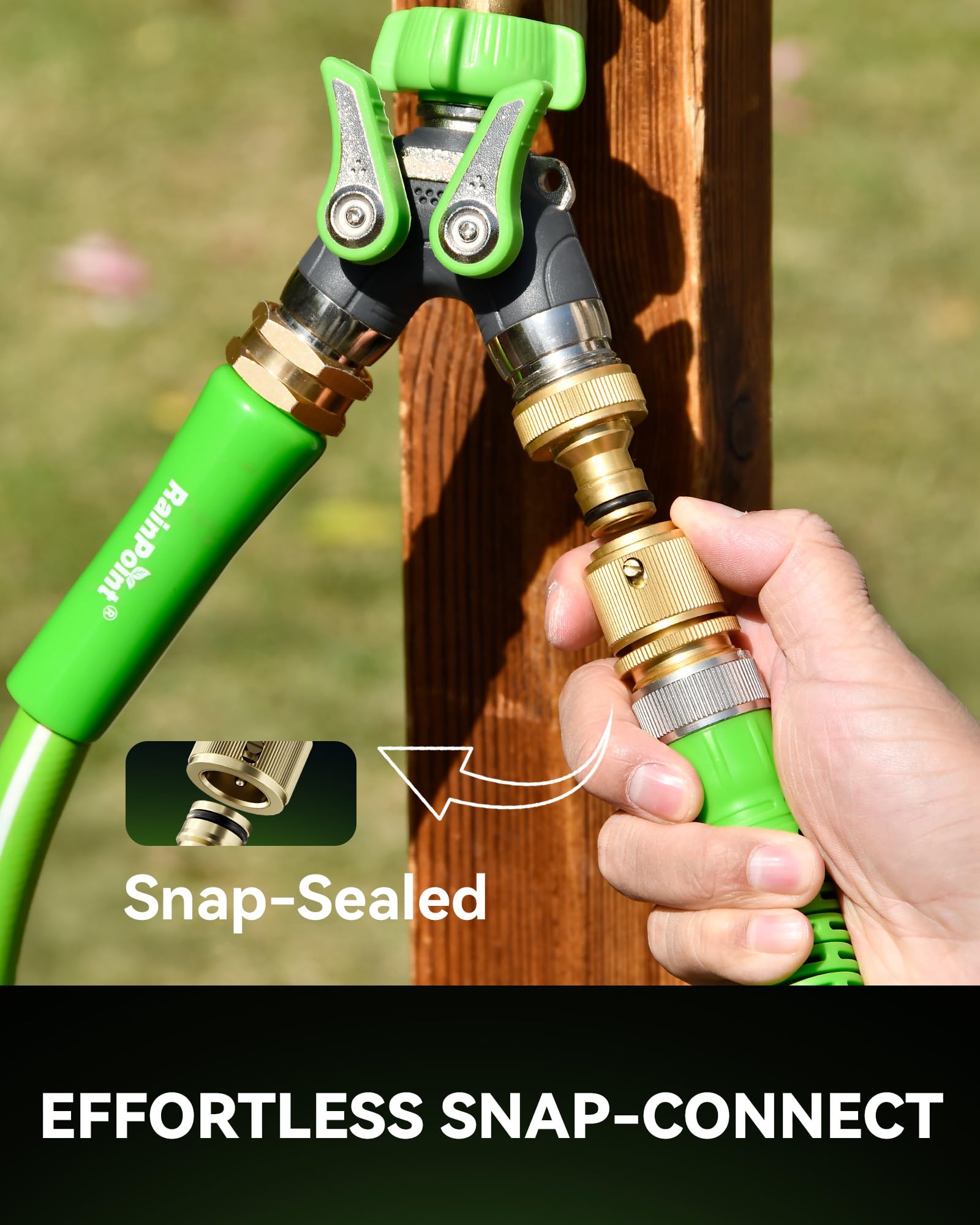 RAINPOINT connectors attached to a garden hose in use