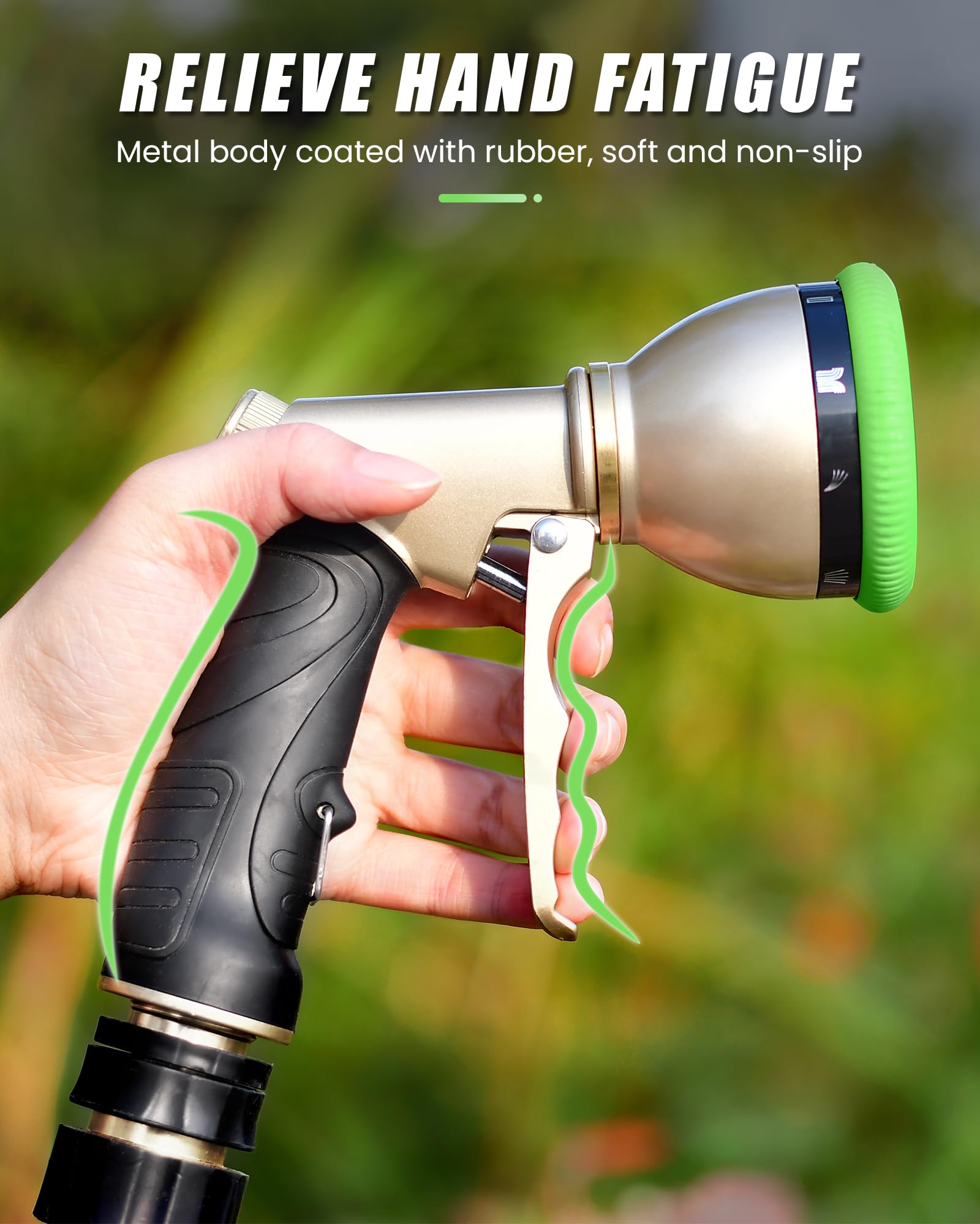 RAINPOINT Garden Hose Nozzle displaying various spray patterns