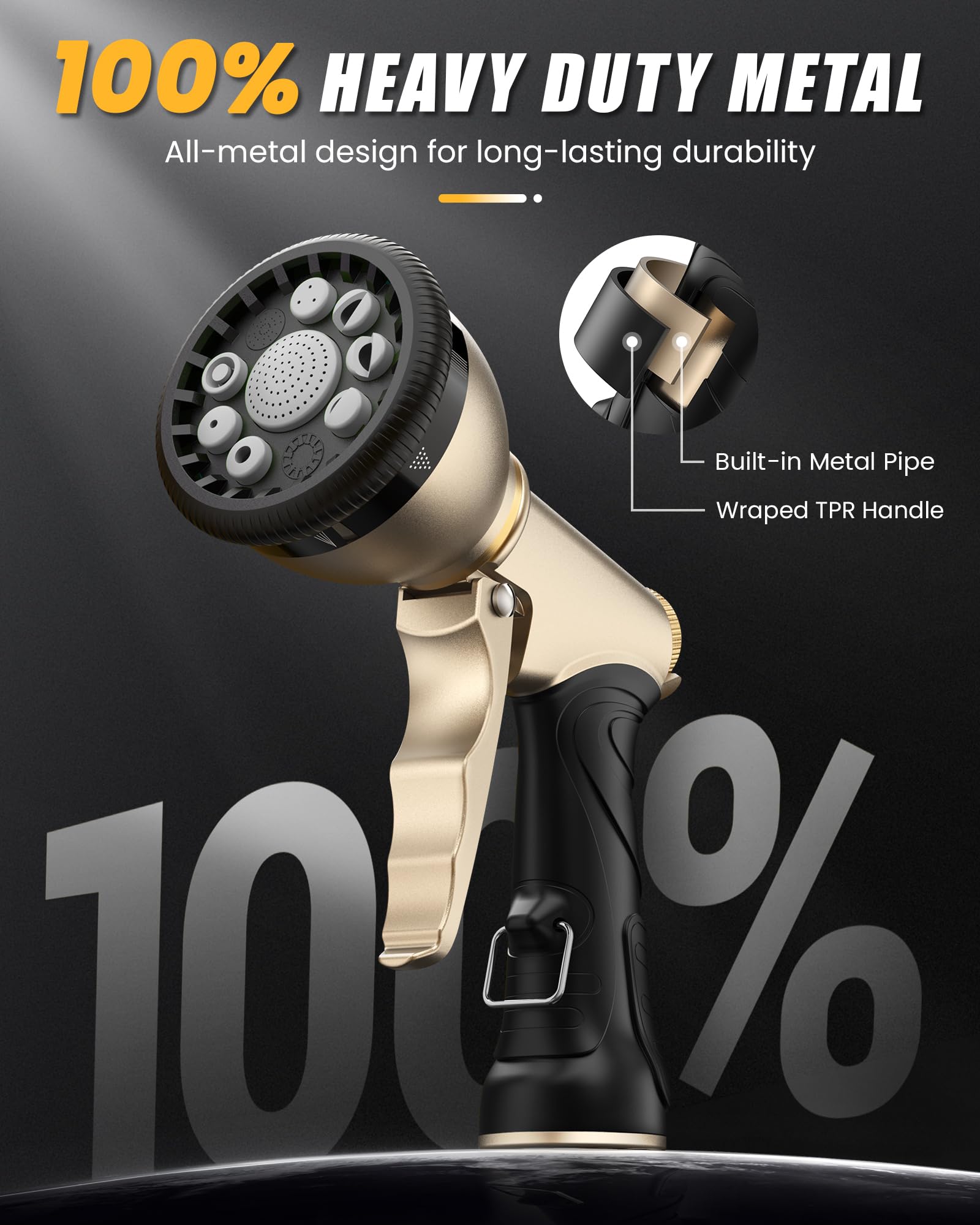RAINPOINT Garden Hose Nozzle showing 9 spray patterns