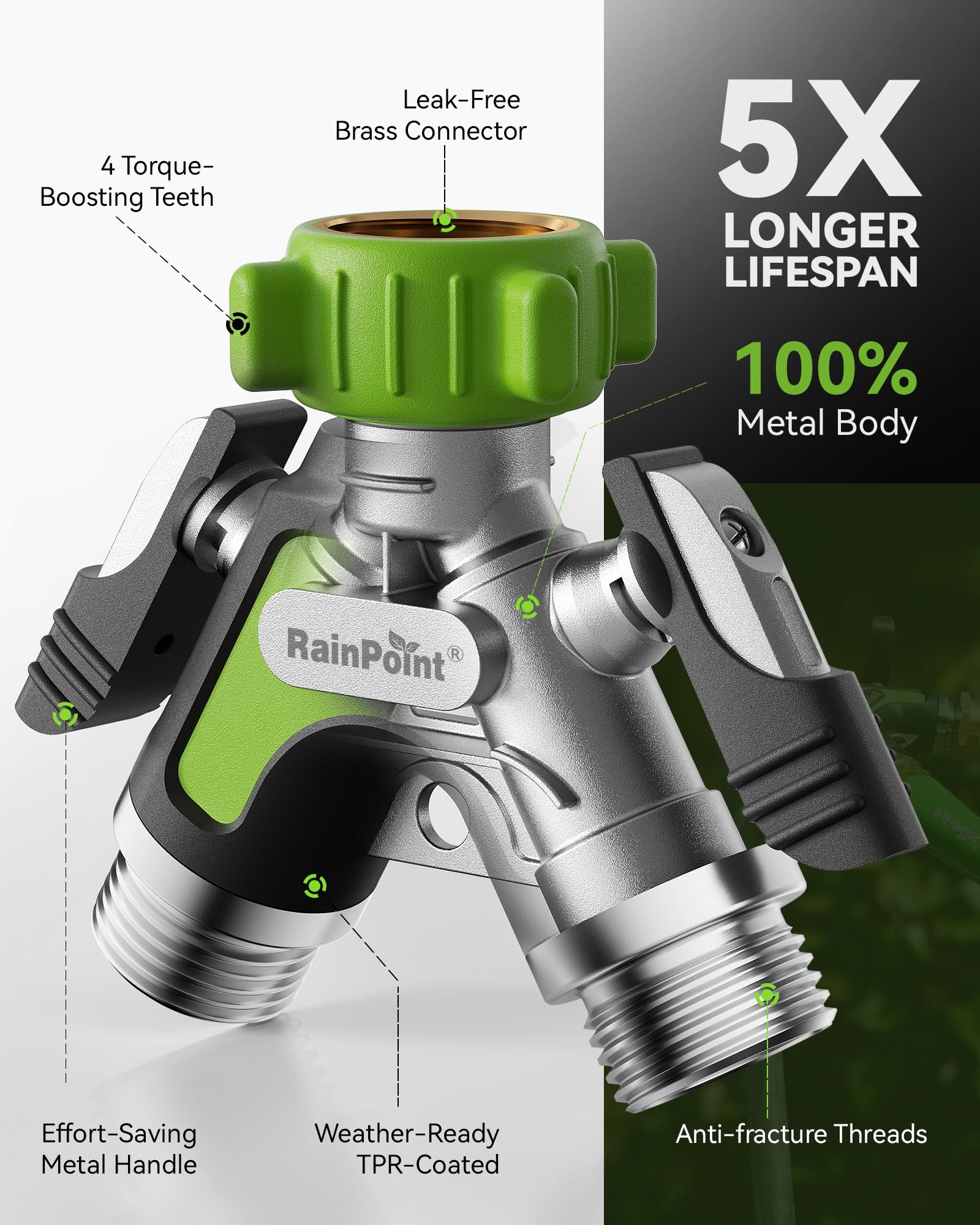 RAINPOINT Garden Hose Splitter connected to outdoor faucet
