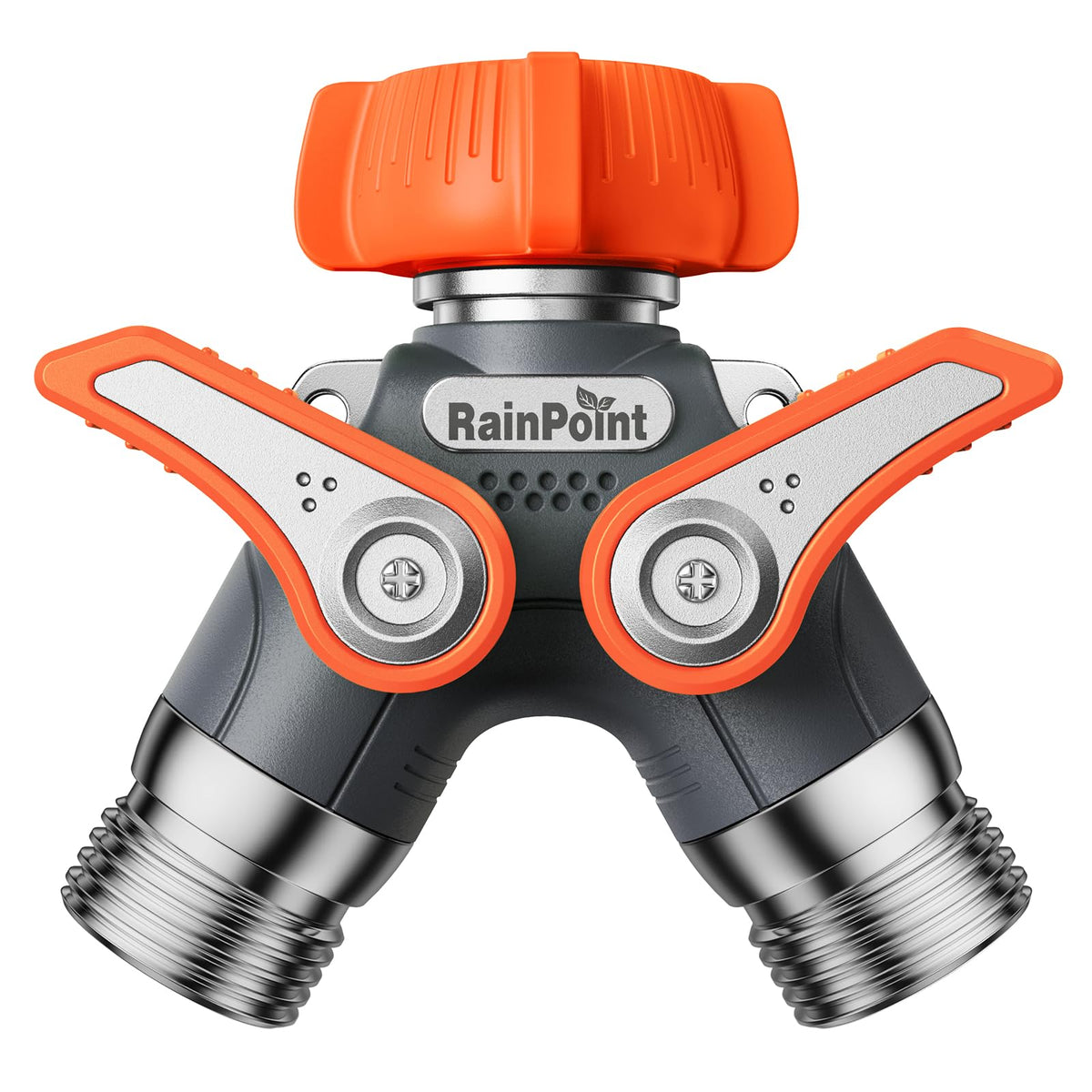 RAINPOINT Garden Hose Splitter front view with orange finish