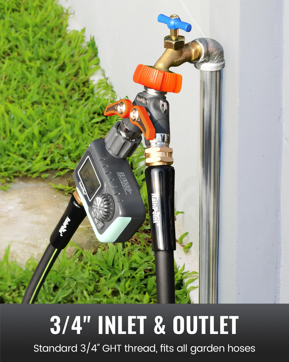 RAINPOINT Garden Hose Splitter with ergonomic handle in use
