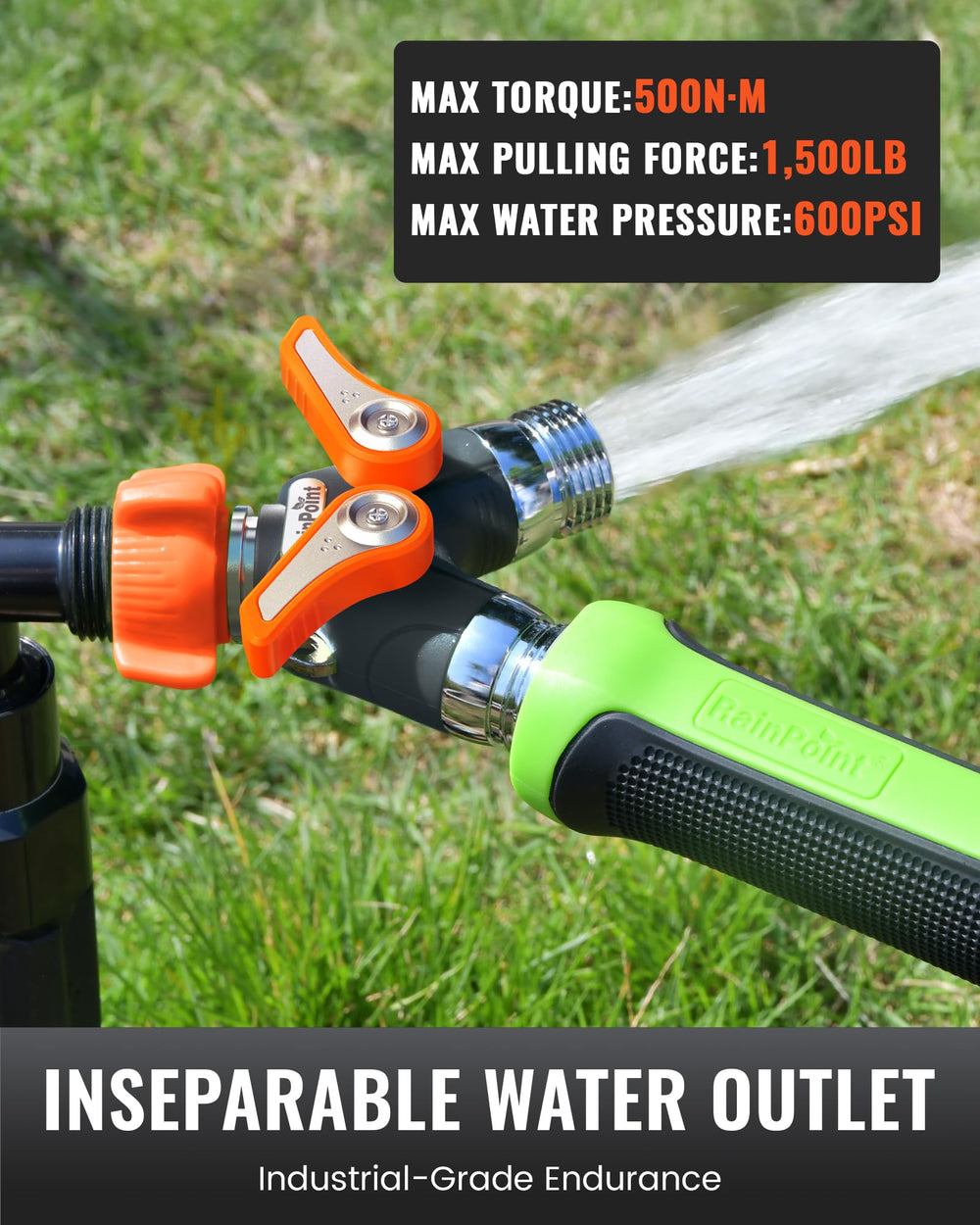 RAINPOINT Hose Splitter installed on a garden hose