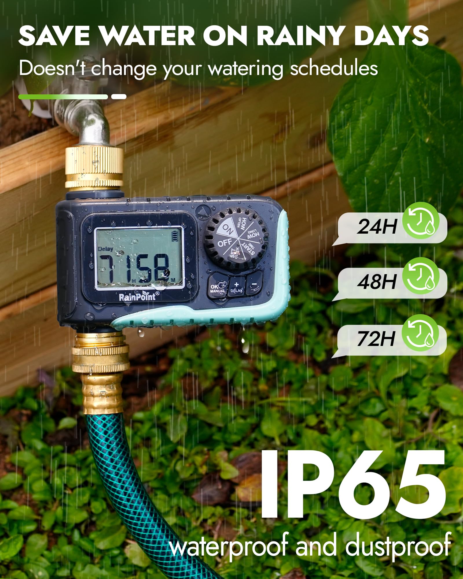 RAINPOINT Programmable Hose Timer showing manual mode settings
