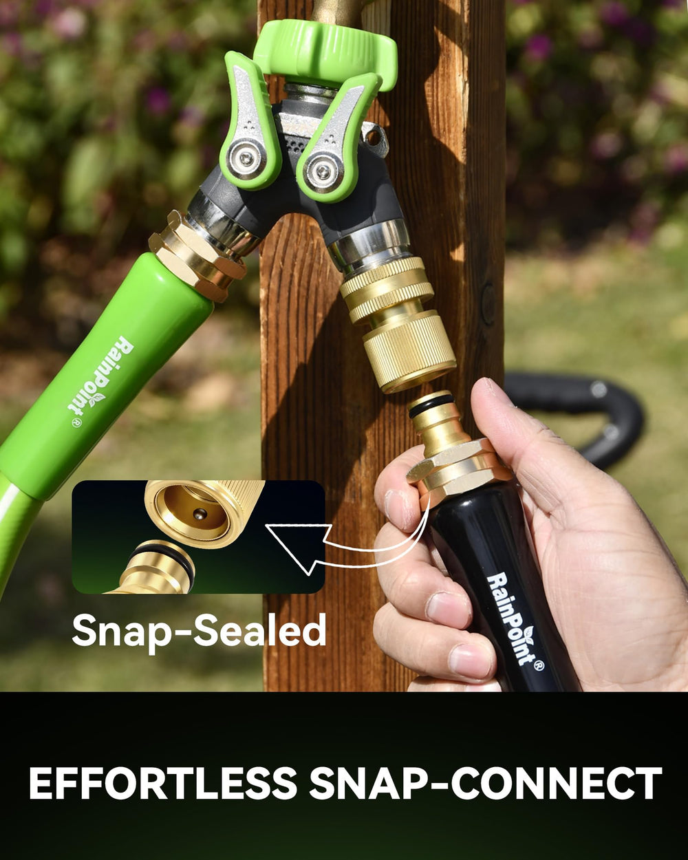 RAINPOINT Quick Connect Hose Fittings attached to a sprinkler system
