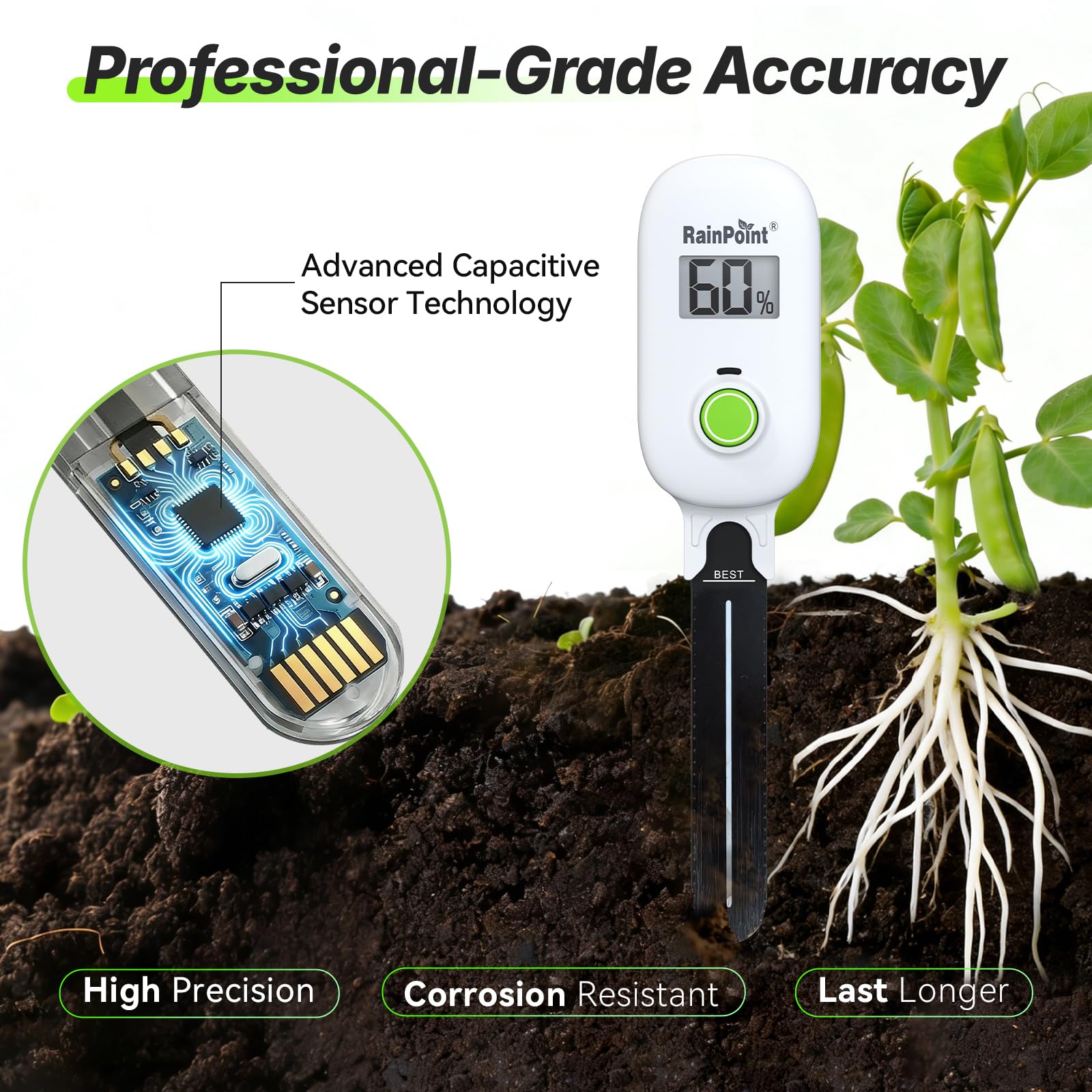 RAINPOINT Smart Moisture Meter showing pH Test Strips