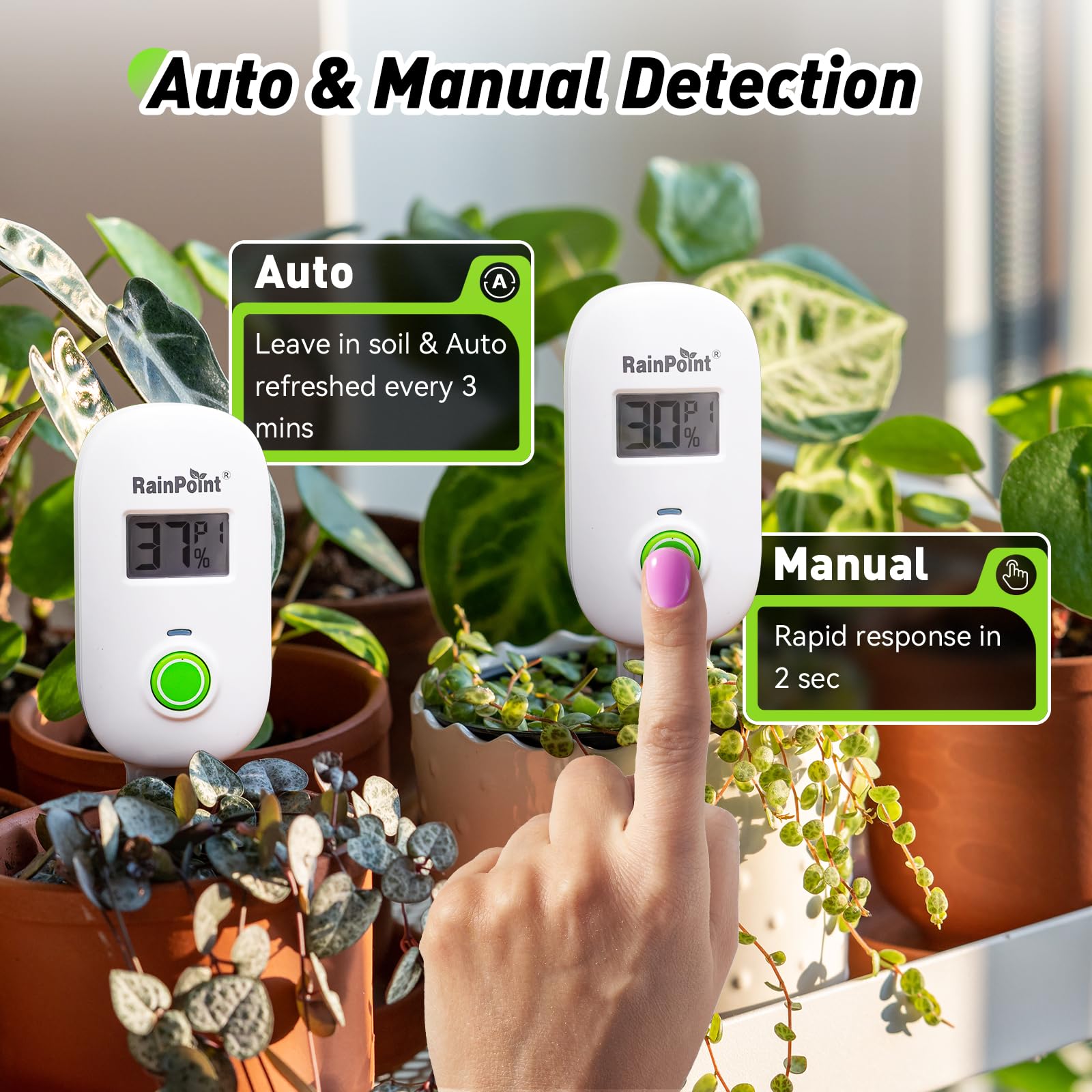 RAINPOINT Smart Moisture Meter used in a garden setting