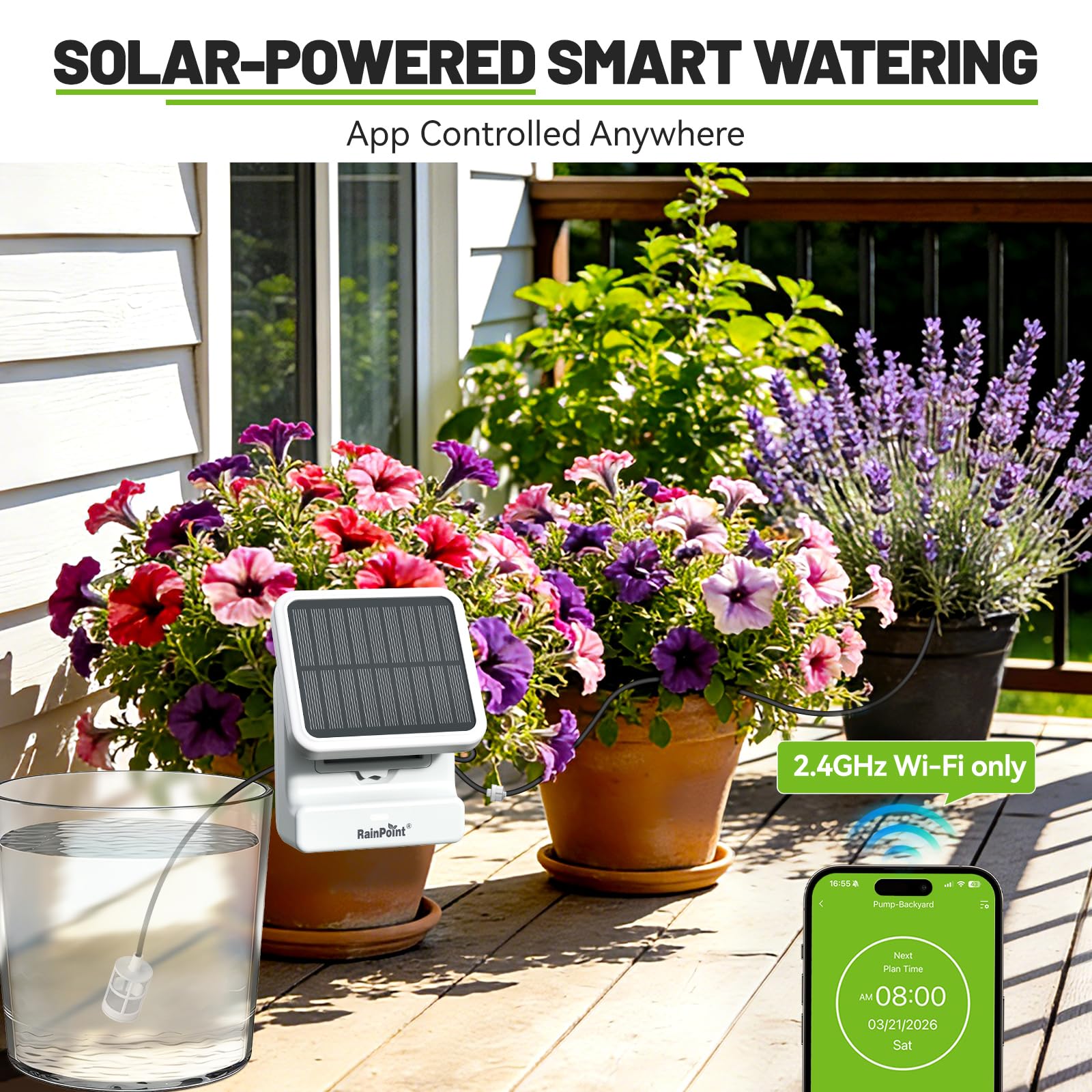 RAINPOINT Smart WiFi Solar Pump with app control interface displayed