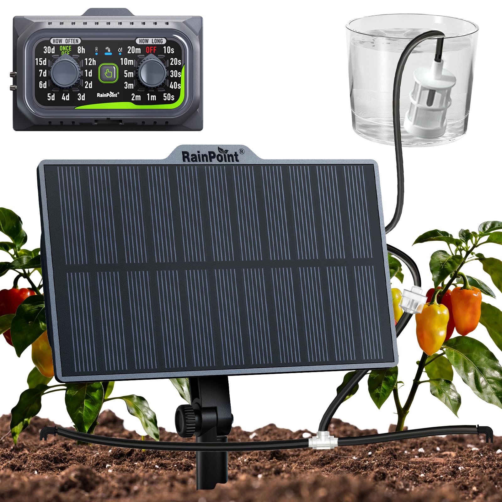 RAINPOINT Solar Rechargeable Drip Irrigation Kit with components laid out