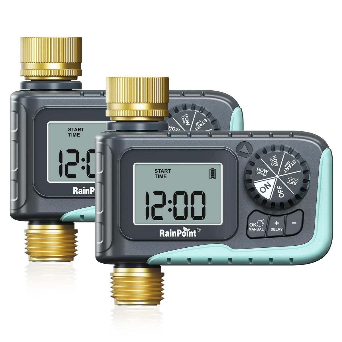 RAINPOINT Sprinkler Timer 2PCS with brass inlet and outlet, green