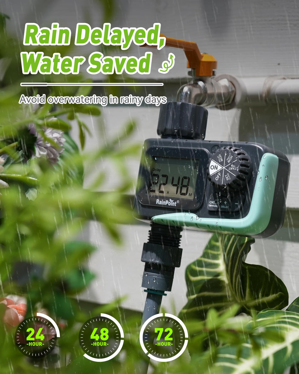 RAINPOINT Sprinkler Timer displaying watering schedule on LCD
