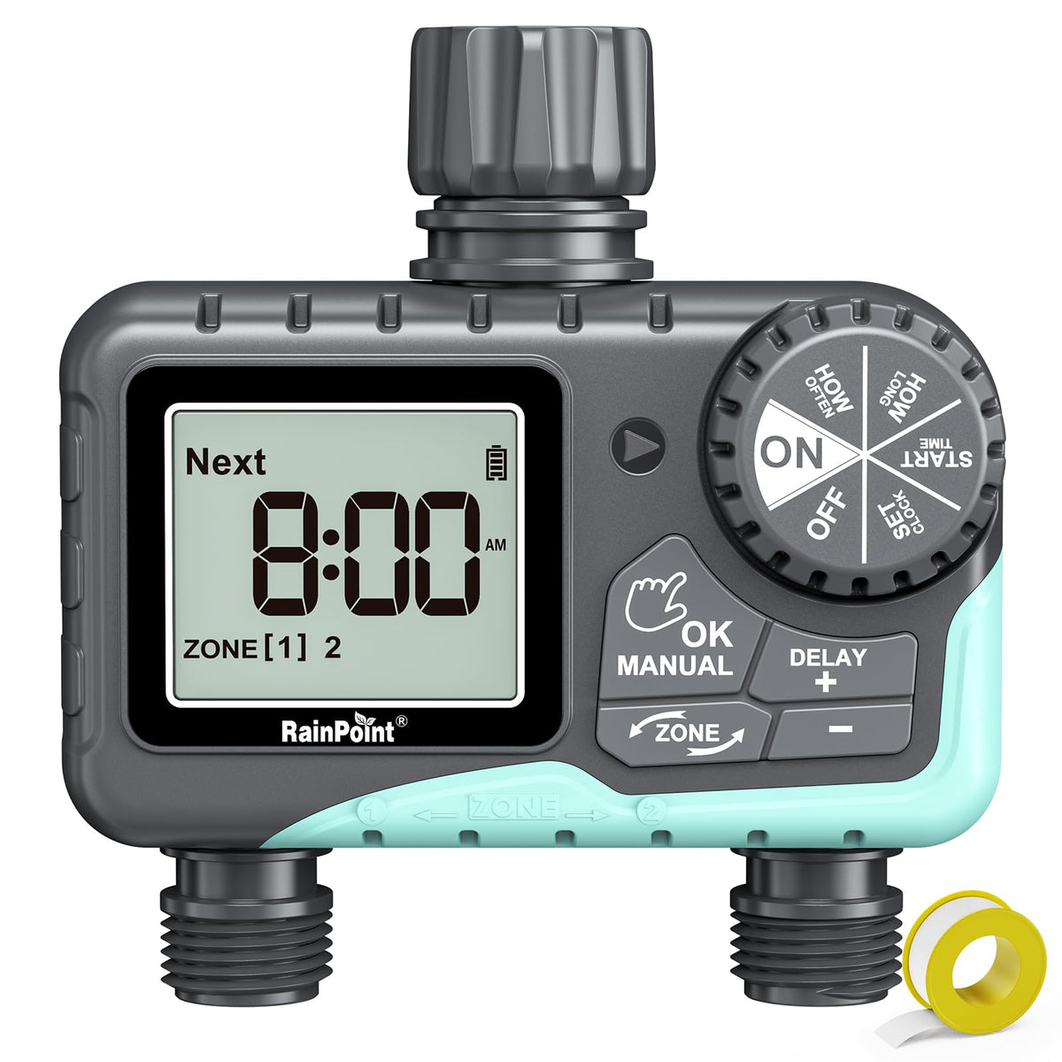 RAINPOINT Sprinkler Timer front view with LCD display