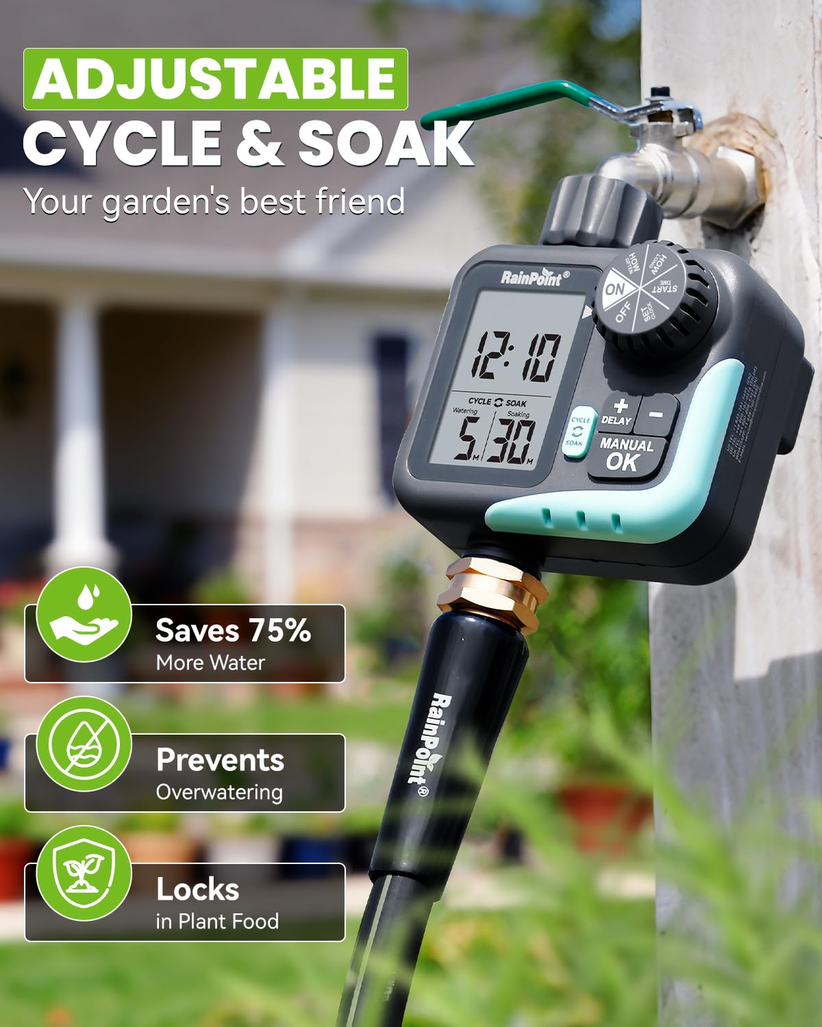RAINPOINT Sprinkler Timer in mint green with hose connection