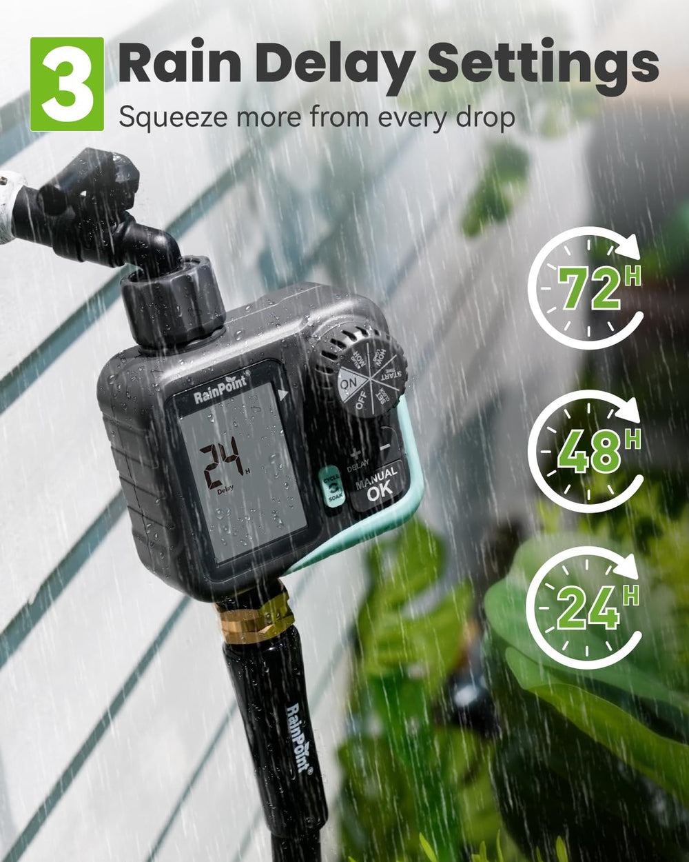 RAINPOINT Sprinkler Timer in outdoor garden setting