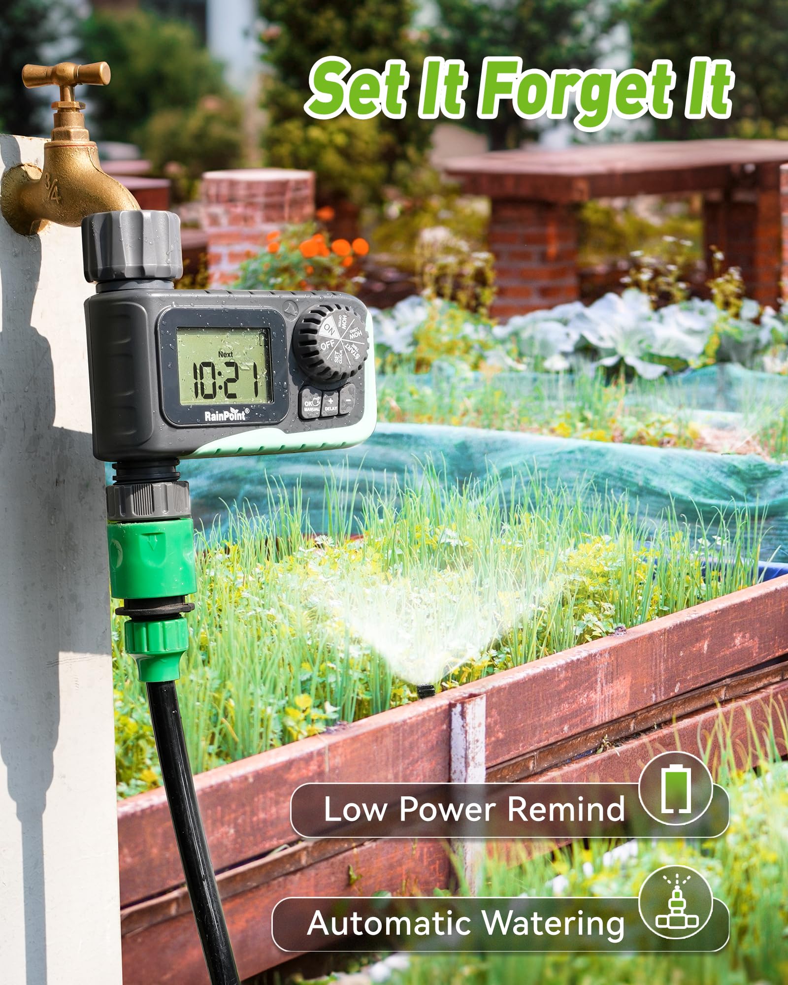 RAINPOINT Sprinkler Timer Outdoor with rain delay feature highlighted