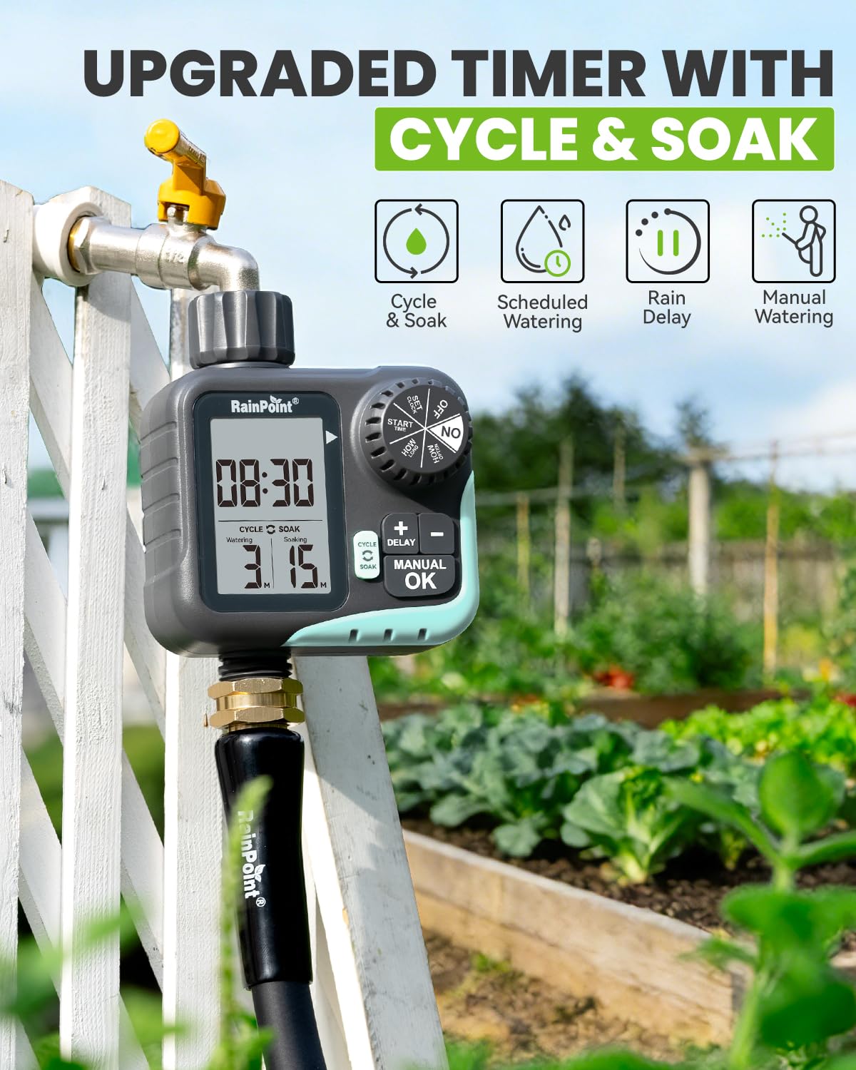 RAINPOINT Sprinkler Timer showing 360-degree swivel interface