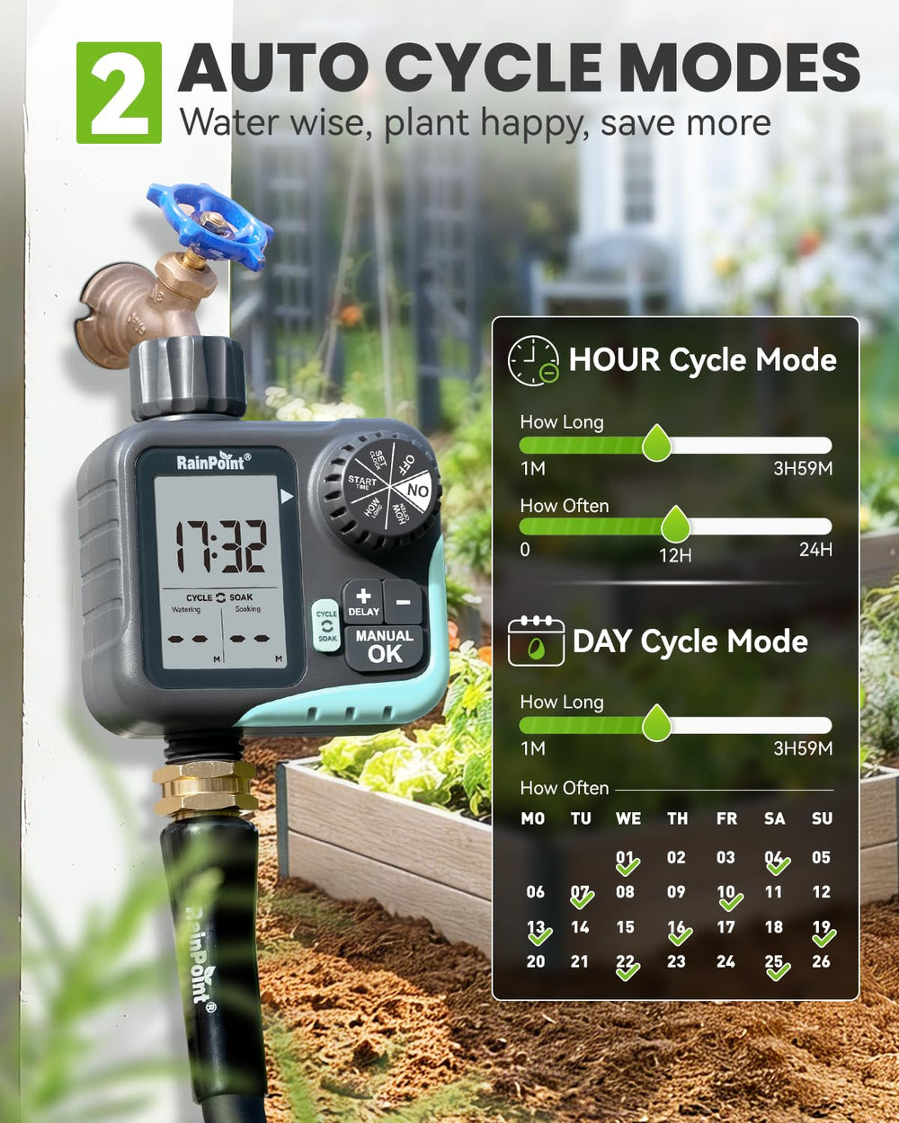 RAINPOINT Sprinkler Timer showing built-in filter washer