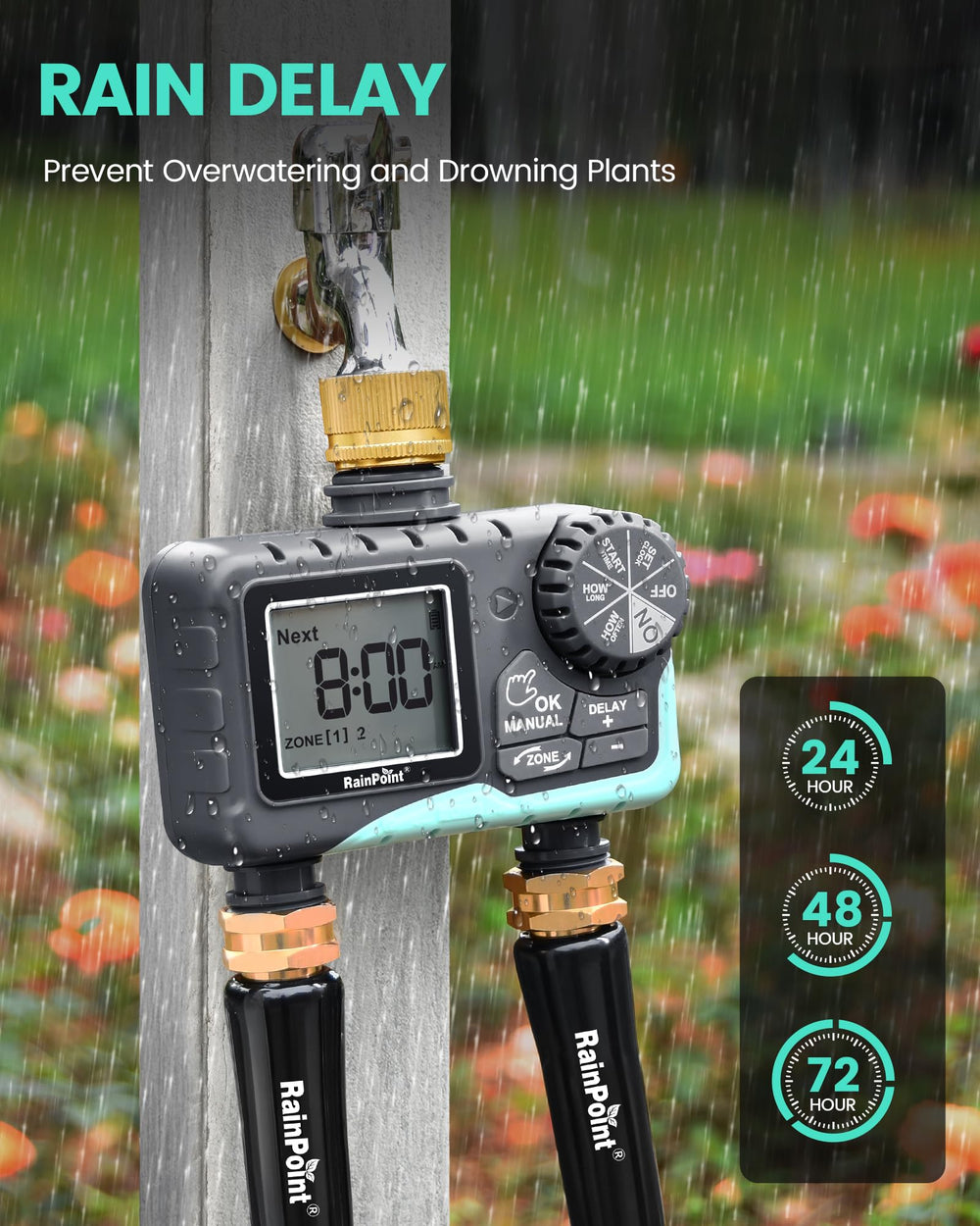 RAINPOINT Sprinkler Timer showing low battery alert on display