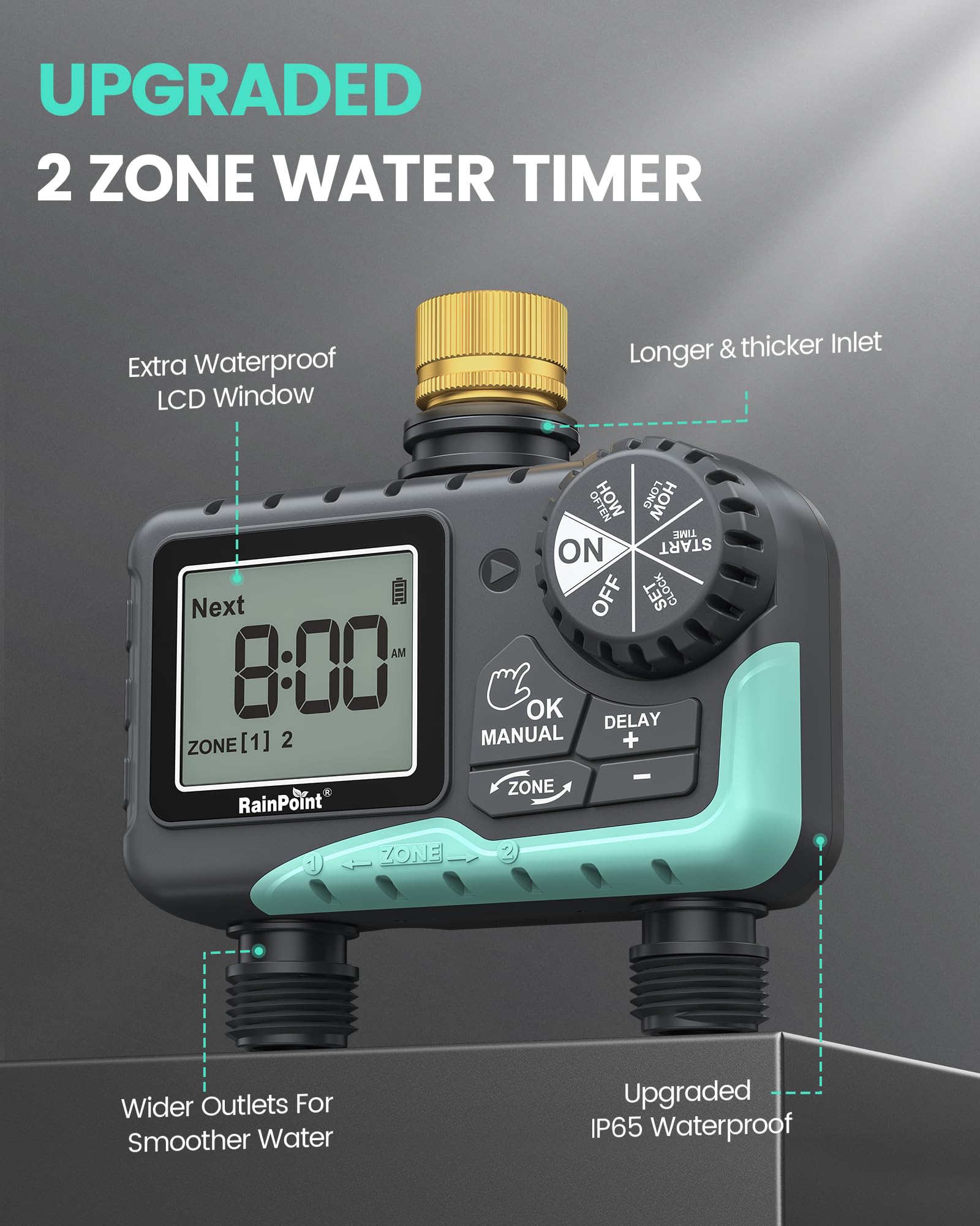 RAINPOINT Sprinkler Timer showing programming dial and buttons