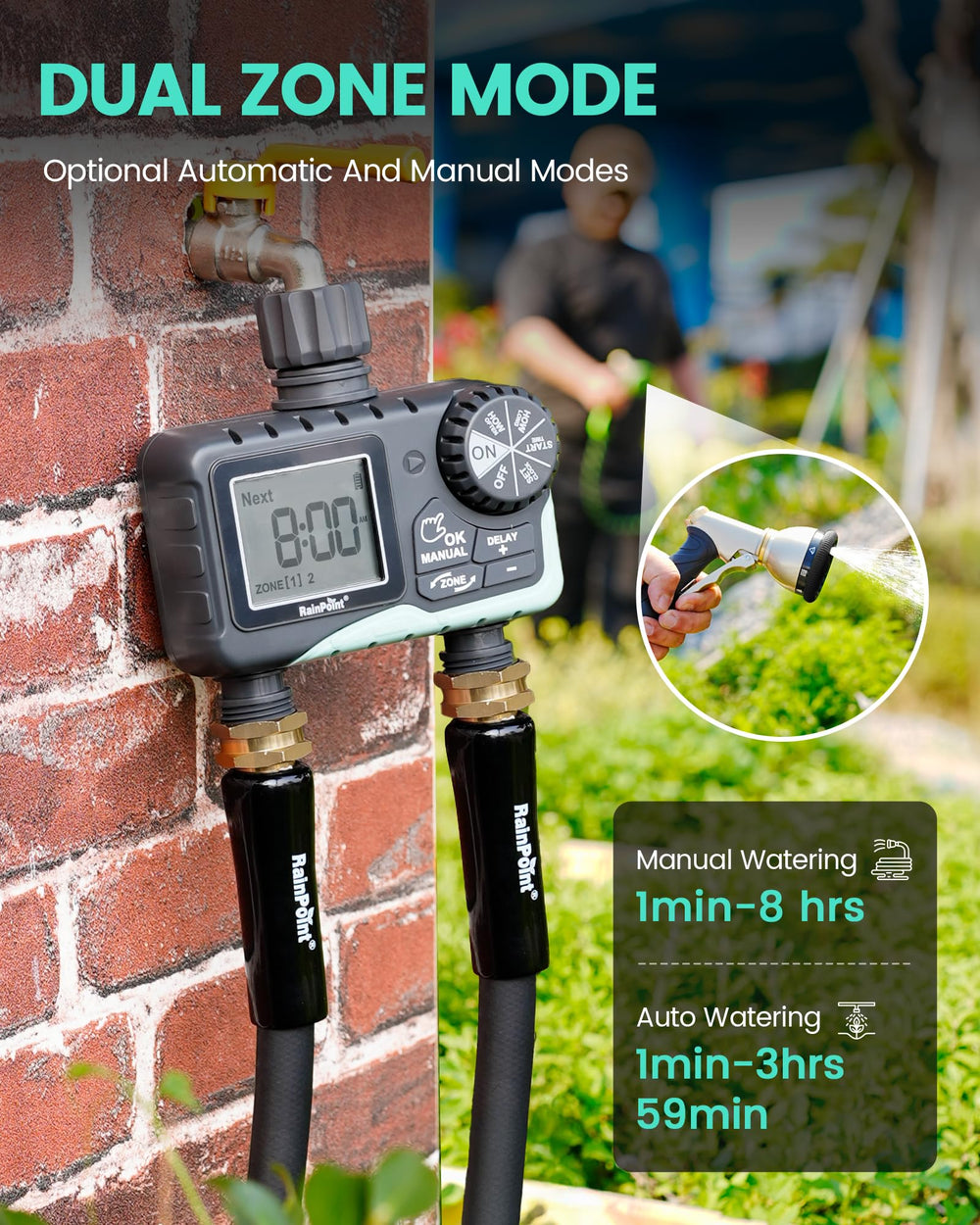 RAINPOINT Sprinkler Timer with manual and auto mode options