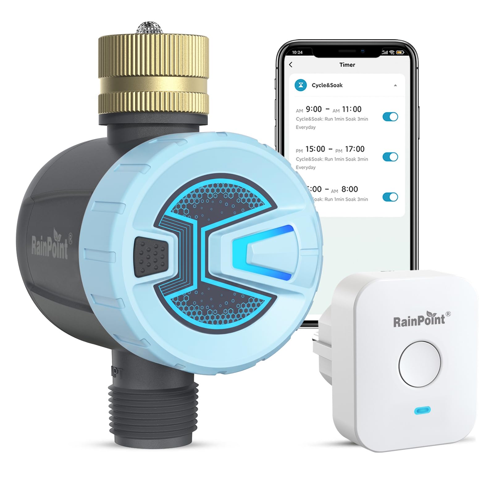 RAINPOINT WiFi Water Timer blue model front view with brass inlet