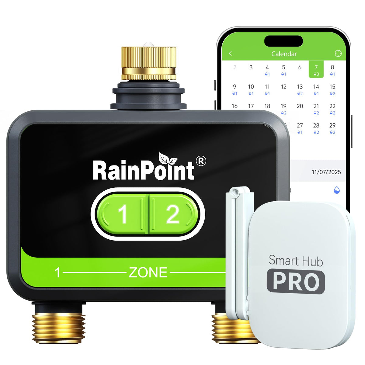 RAINPOINT WiFi Water Timer front view with brass fittings