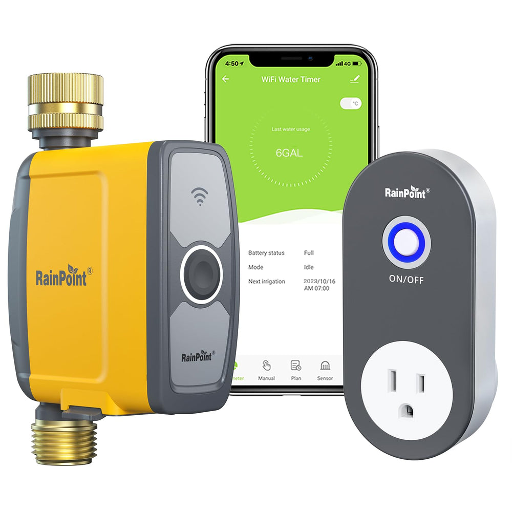 RAINPOINT WiFi Water Timer front view with brass fittings