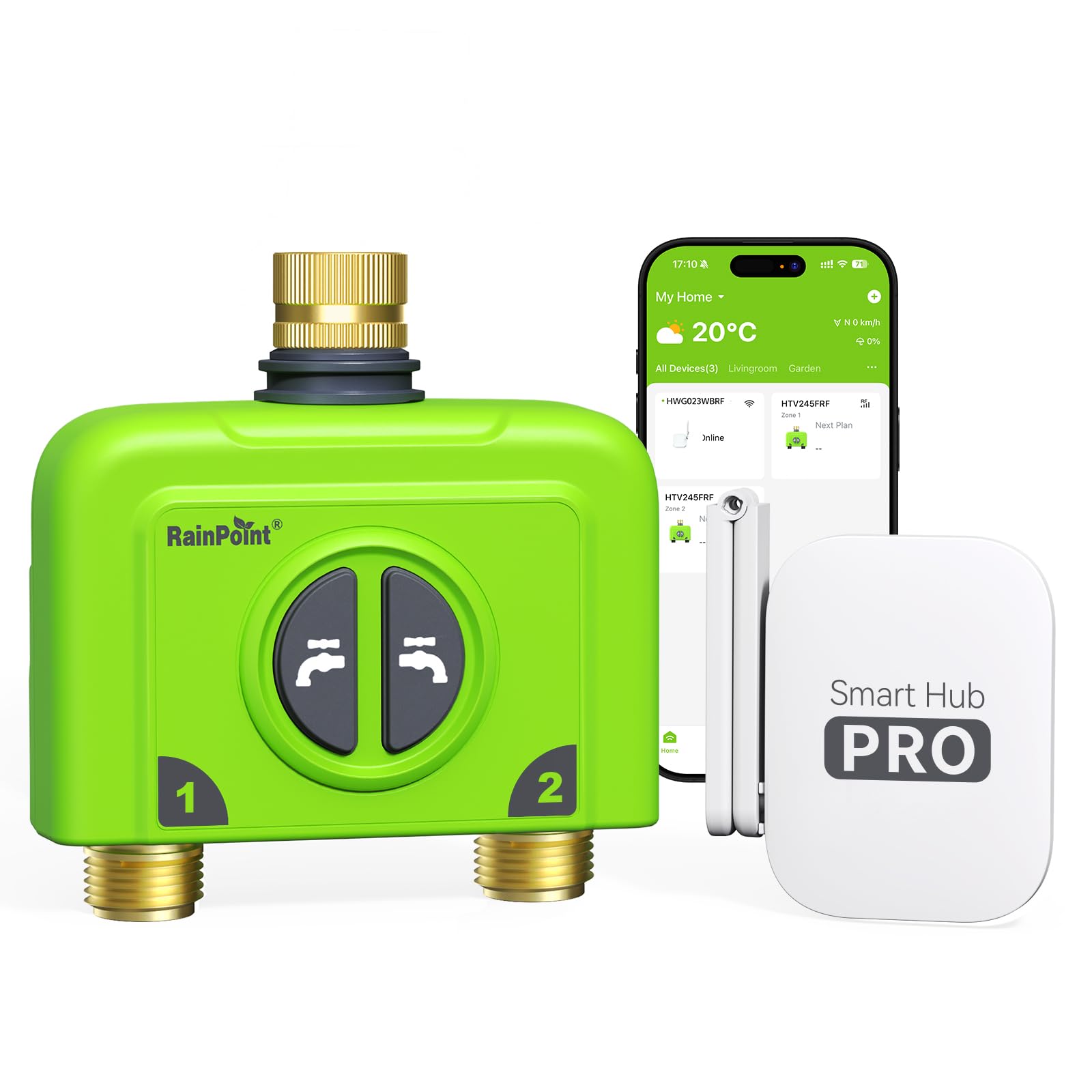 RAINPOINT WiFi Water Timer front view with brass fittings and lime green colour