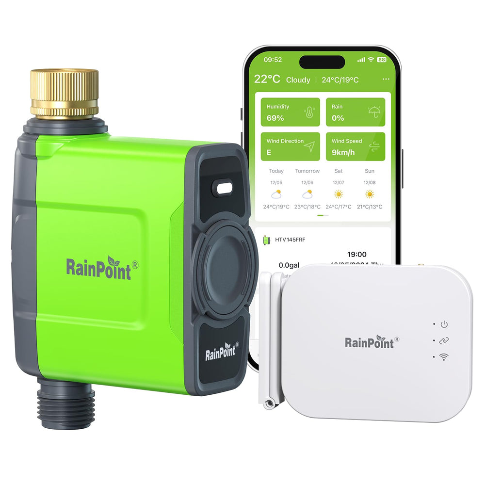 RAINPOINT WiFi Water Timer front view with brass inlet