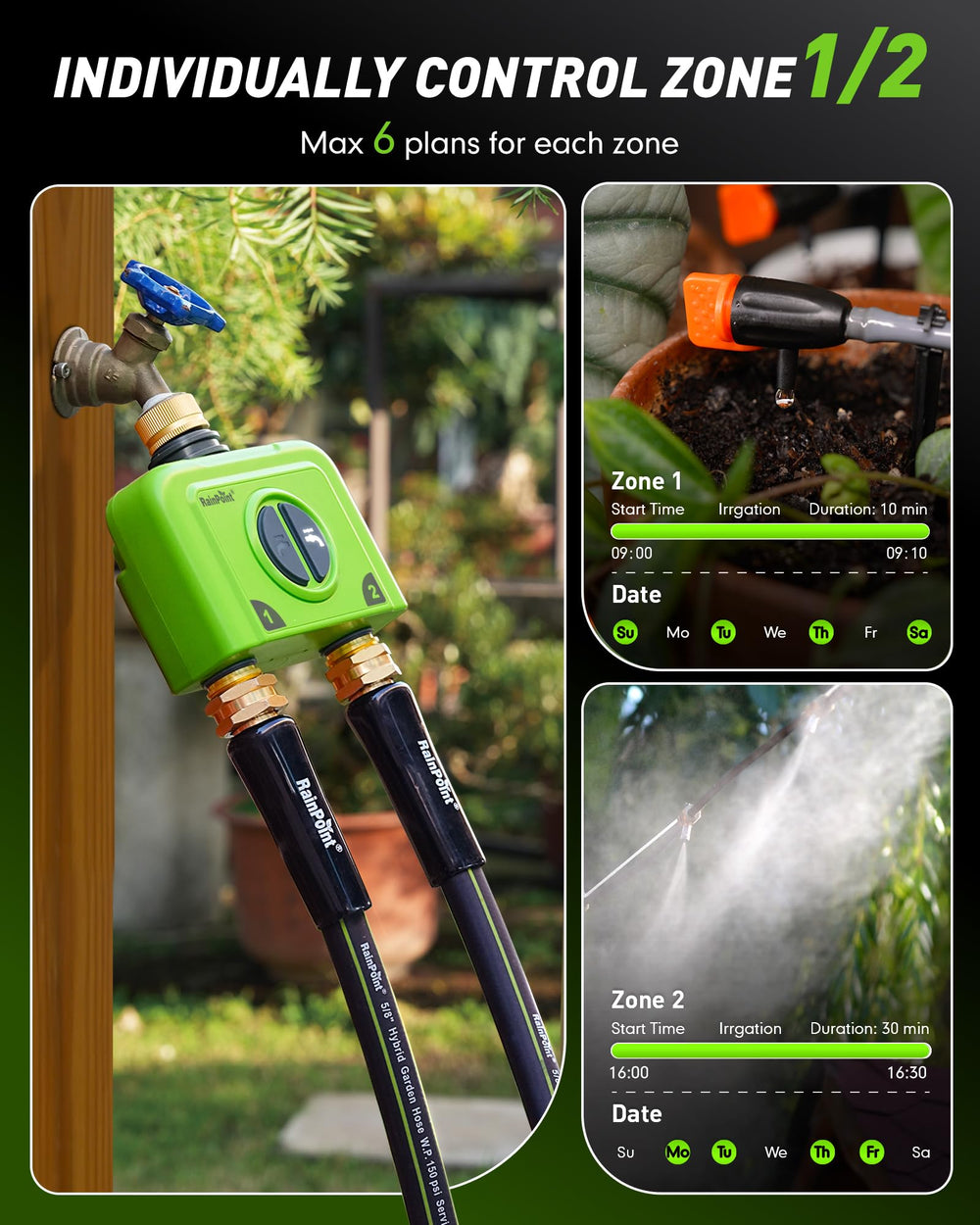 RAINPOINT WiFi Water Timer in a garden setting with plants