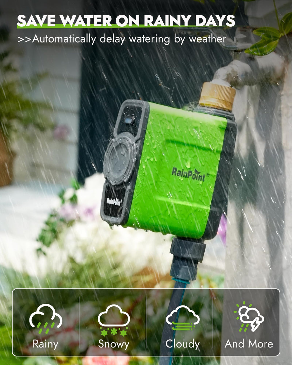 RAINPOINT WiFi Water Timer mounted on a garden hose