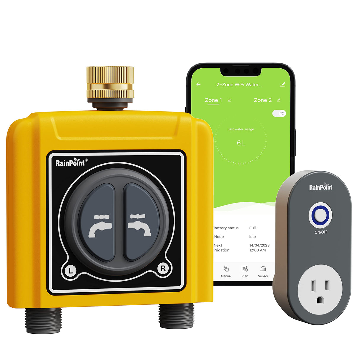 RAINPOINT WiFi Water Timer with brass inlet and two outlets