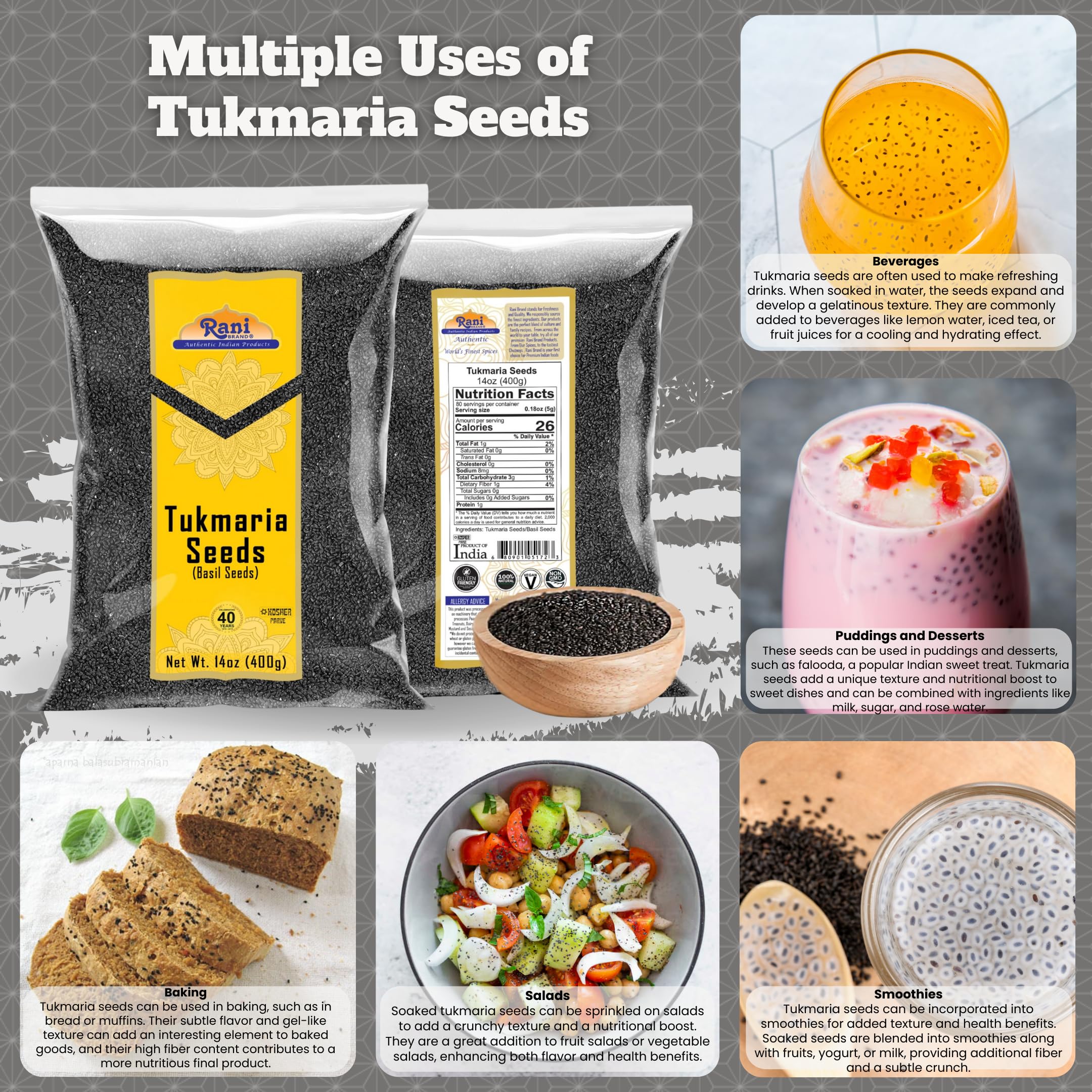 Rani Brand Holy Basil Seeds on a kitchen counter with other spices